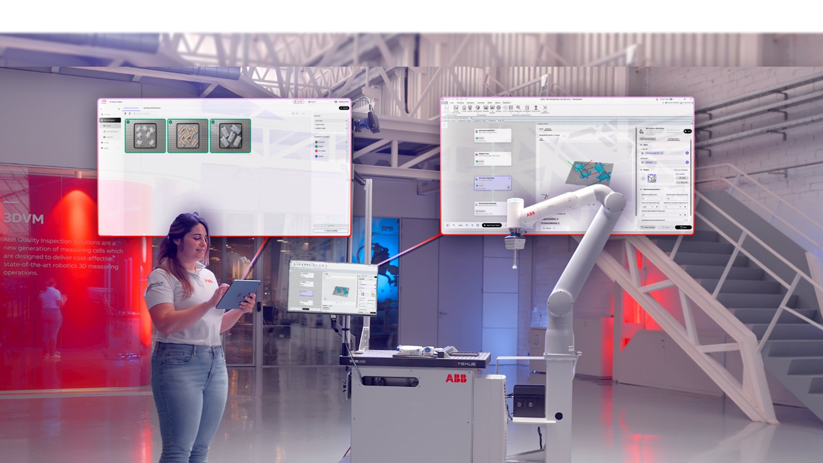 An ABB robot arm beside a workstation, with vision software shown on screens above it.