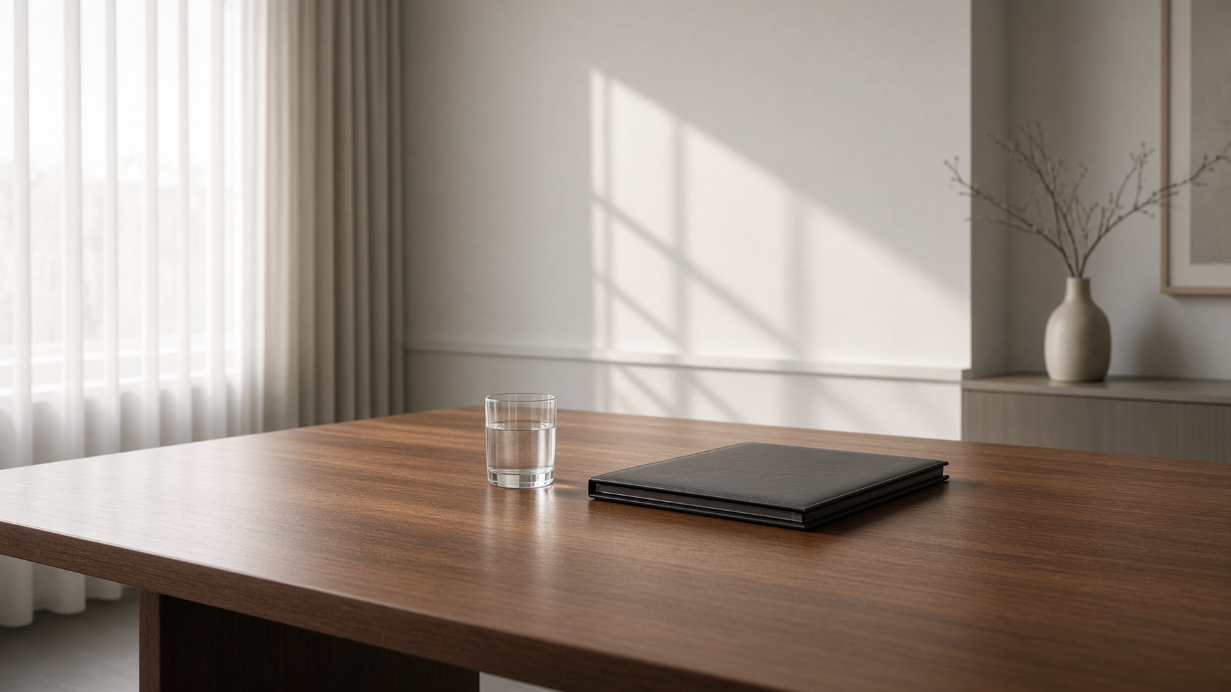 A closed folder and a glass of water on an empty wooden table in morning light.
