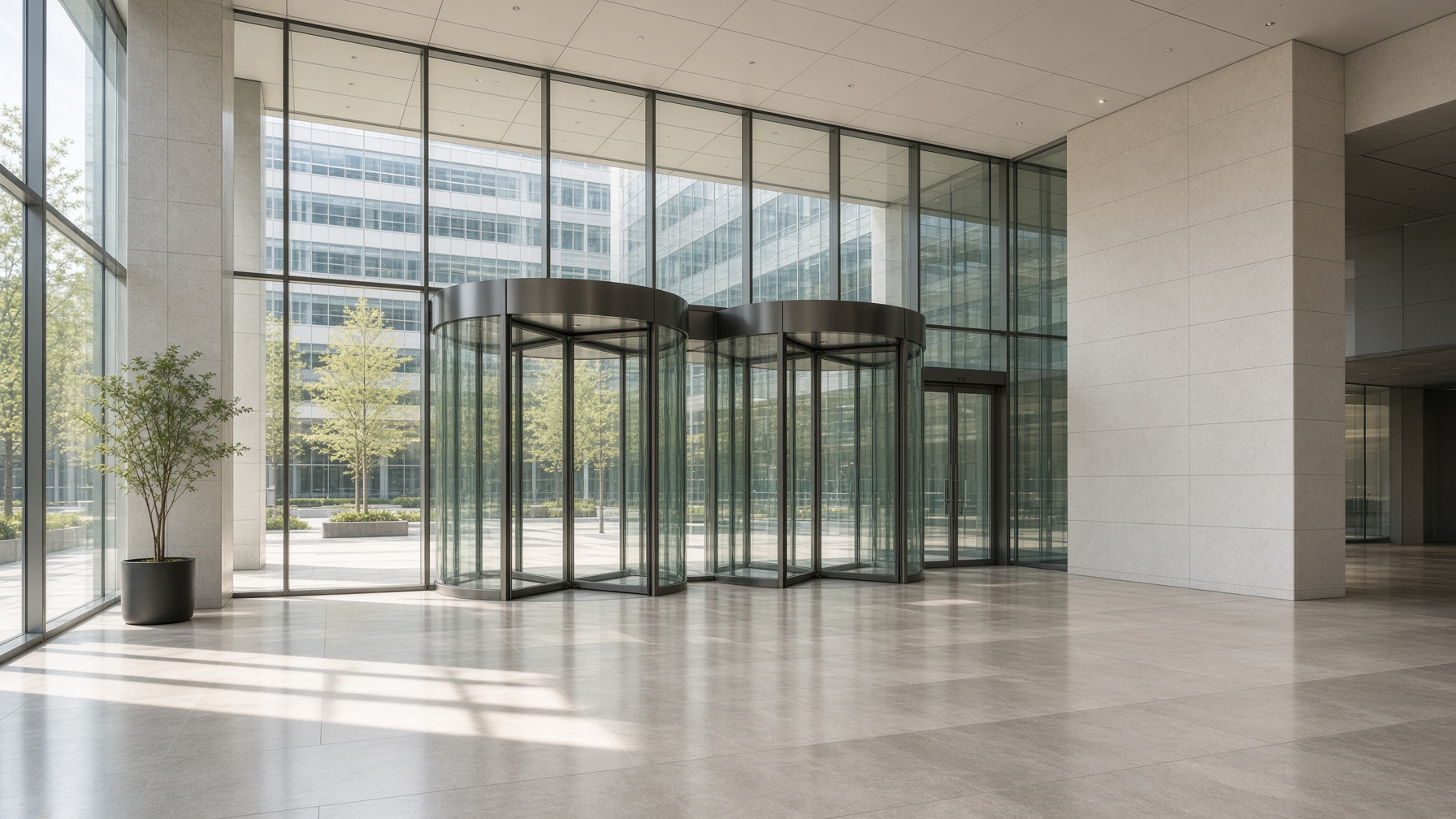 An empty glass office lobby with revolving doors.