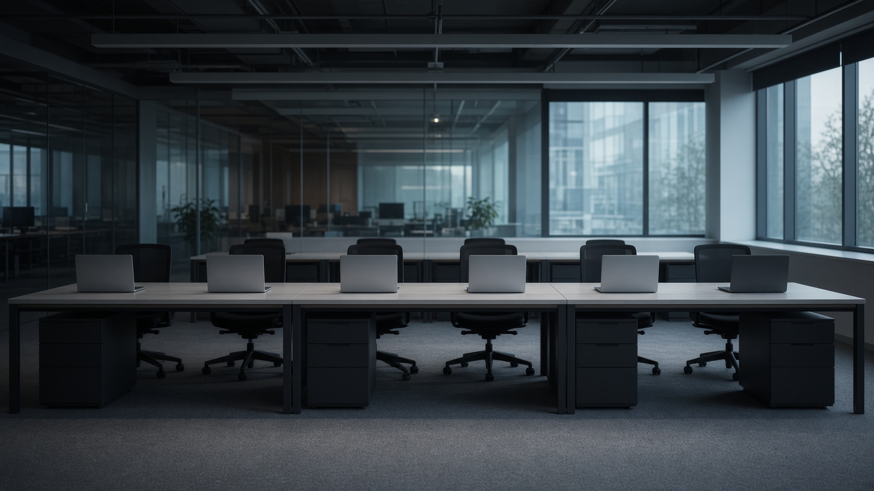An empty office at dusk with a row of closed laptops on the desks.