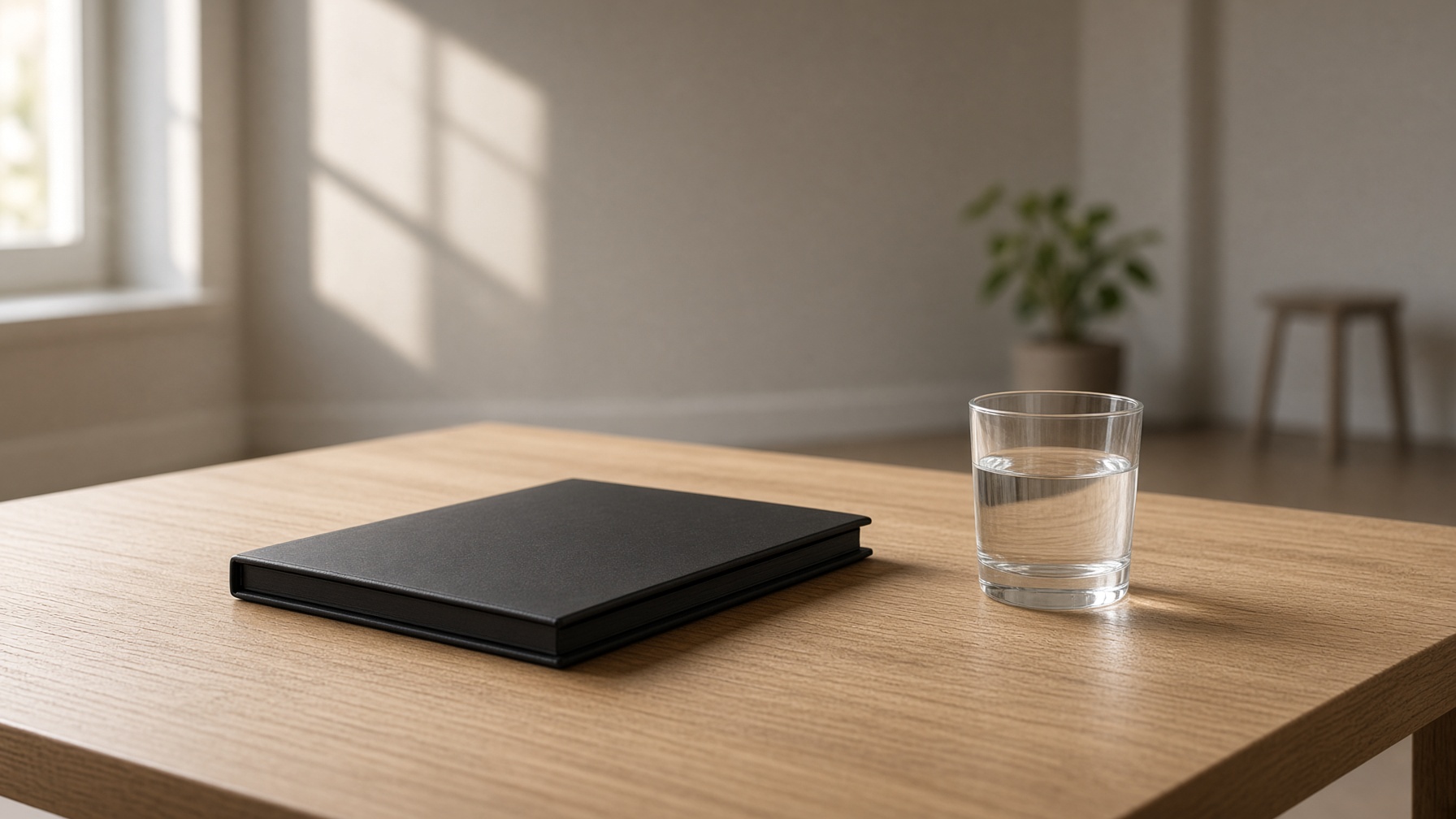 A closed black folder and a glass of water on a pale wooden table.