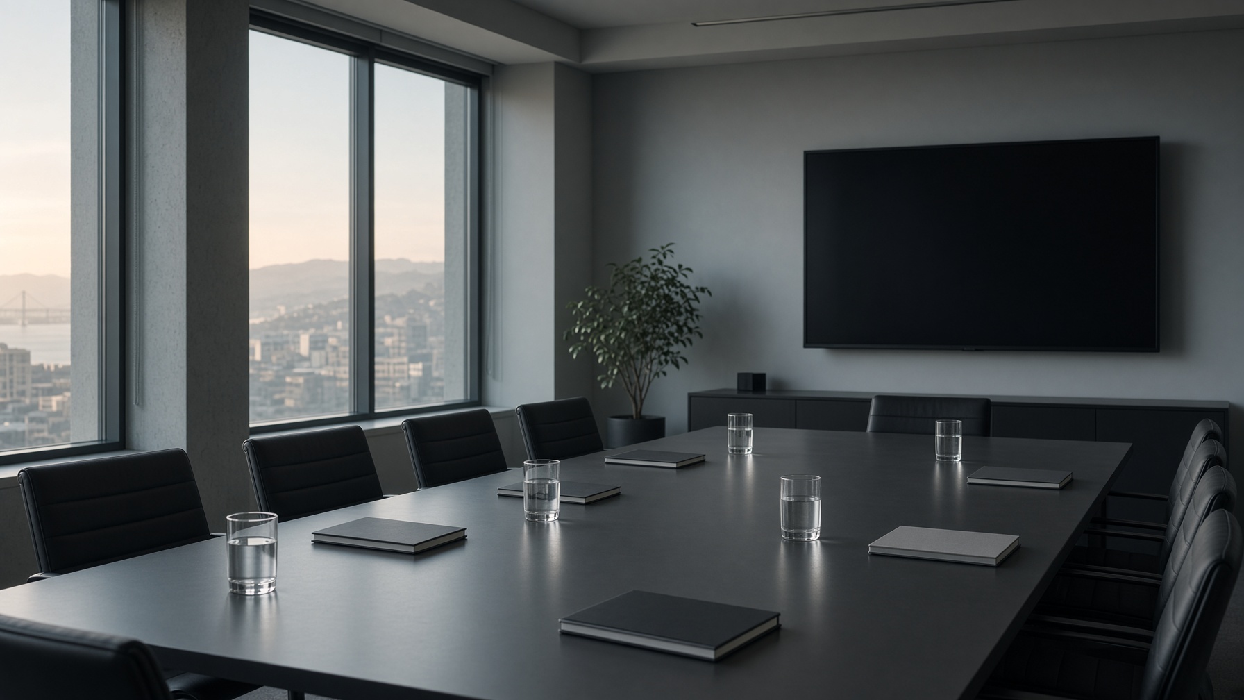 An empty conference room with notebooks and water glasses, and a blank screen on the wall.