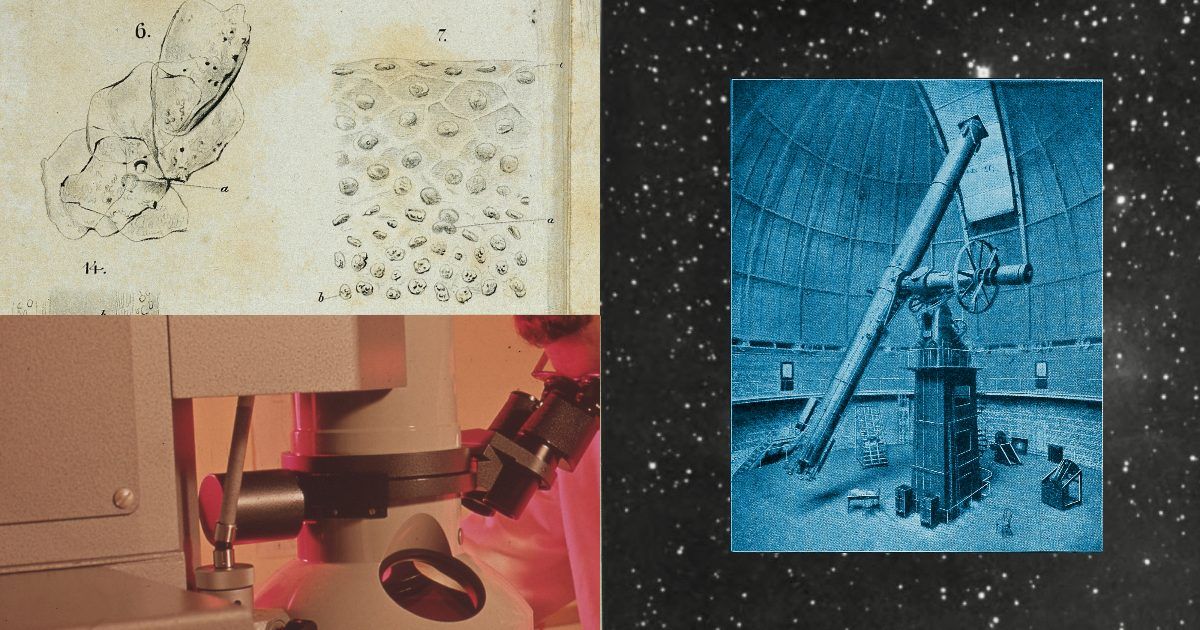 A collage: pencil drawings of cells, a person at a microscope, and a blue-tinted photograph of a large telescope inside a dome.