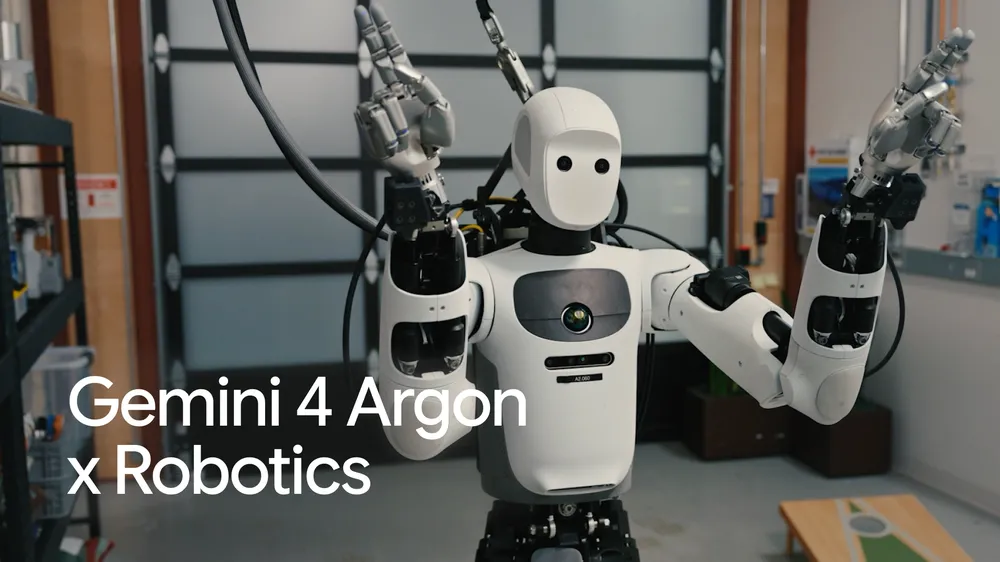 Apptronik’s Apollo humanoid in Google’s Gemini 4 Argon robotics image, with a cornhole board behind it.