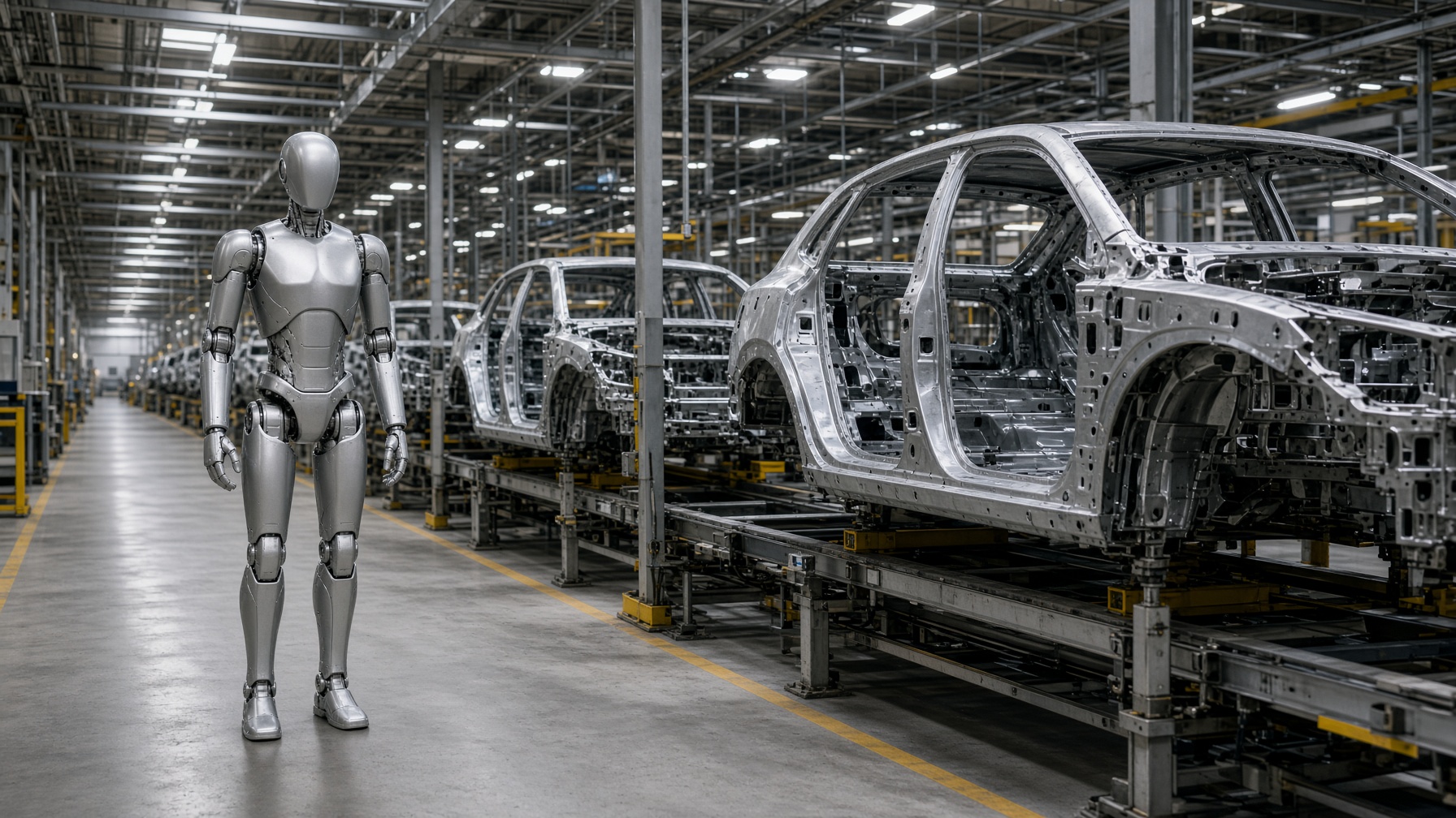 A humanoid robot standing beside unfinished car bodies on a factory line.