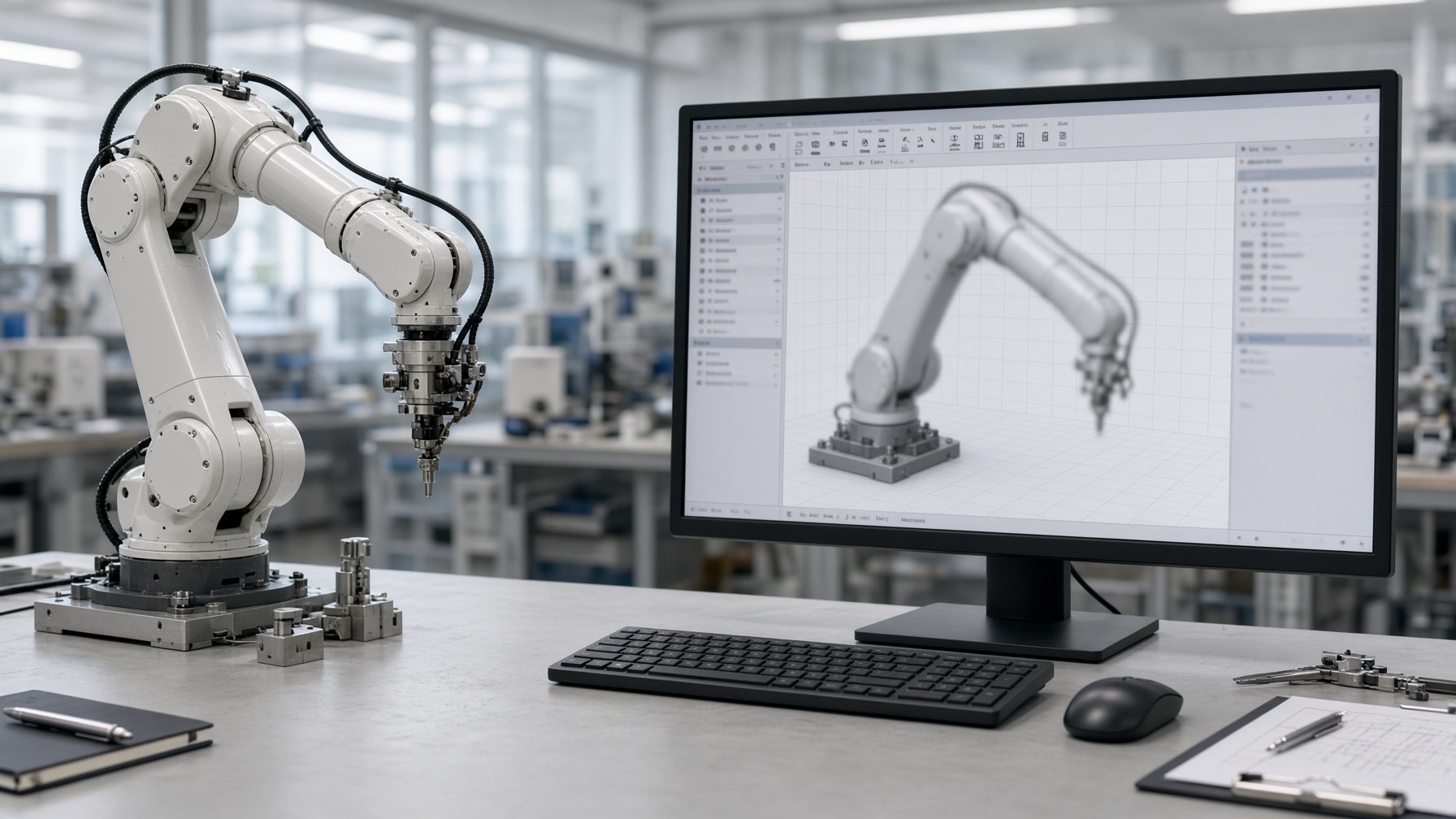 A robot arm in a lab, with a simulation of the same arm on a monitor.