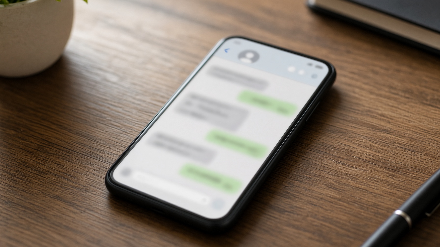 A phone on a desk showing a blurred chat.