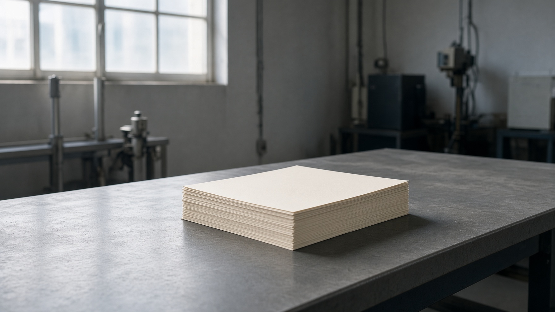 A stack of blank paper on a steel table in an empty factory room.