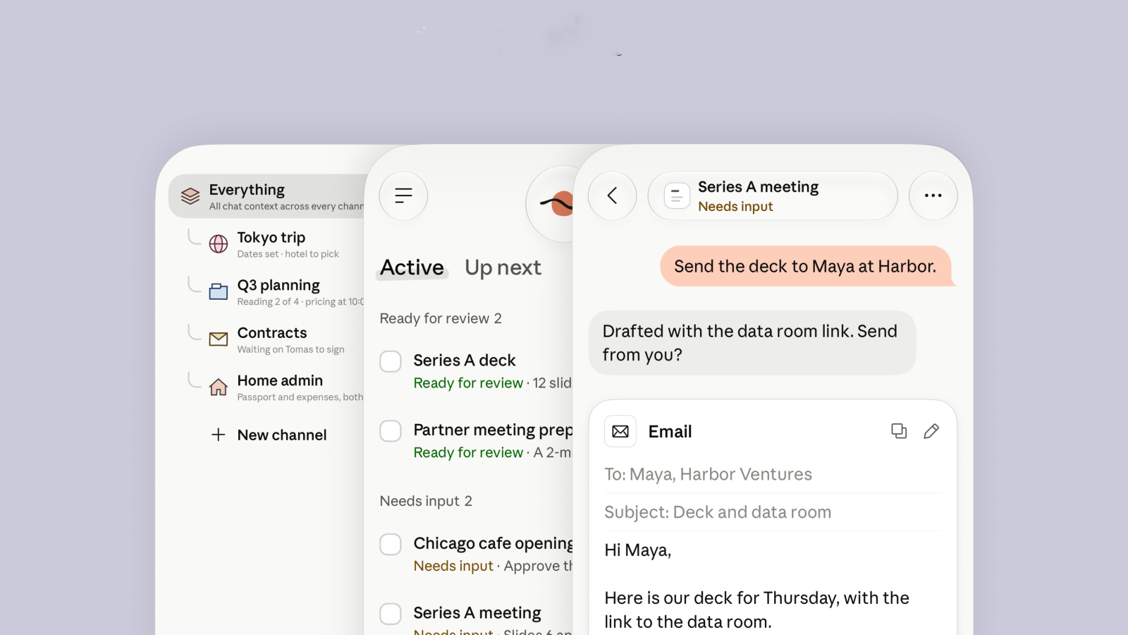 Three phone screens showing a task list, a queue of drafts, and an email waiting for approval.