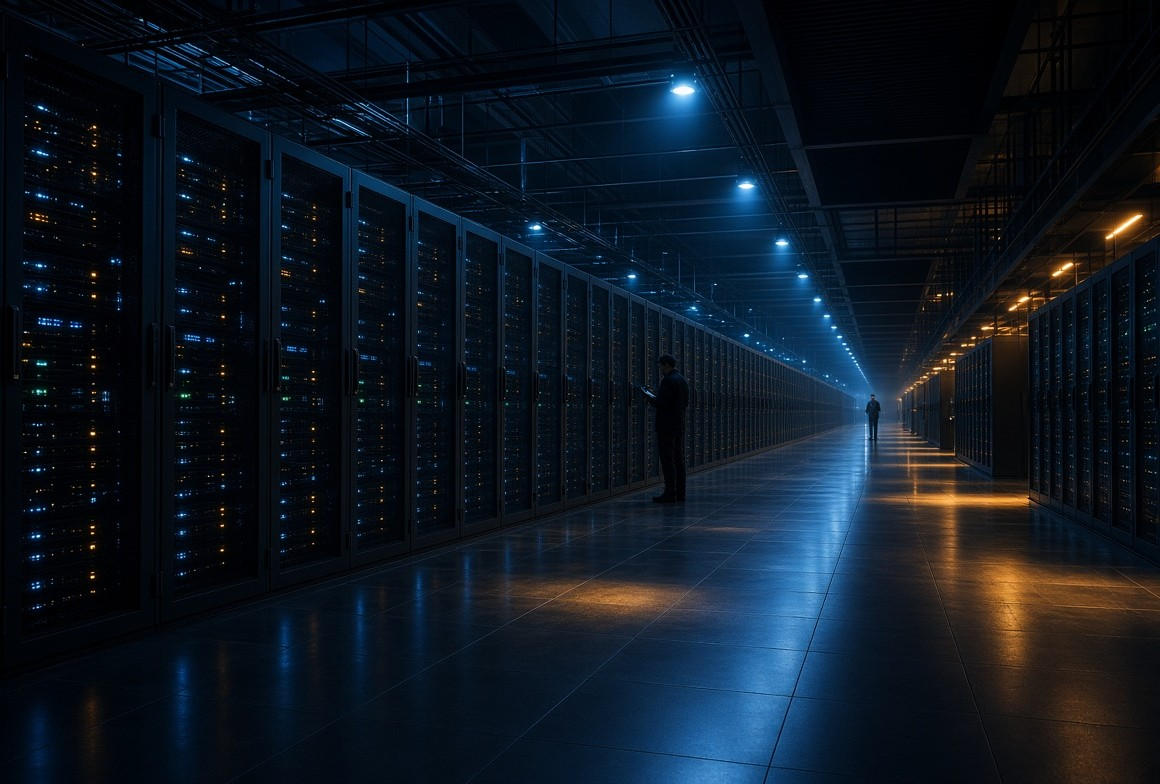 A long aisle of server racks in a dark data hall.