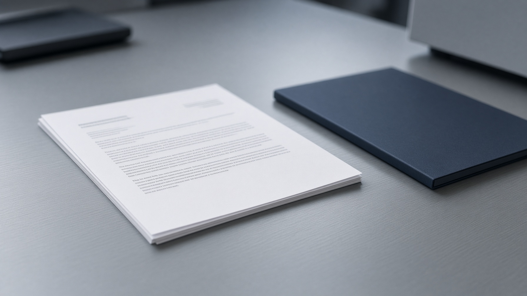 A blurred document and a closed folder on a grey desk.
