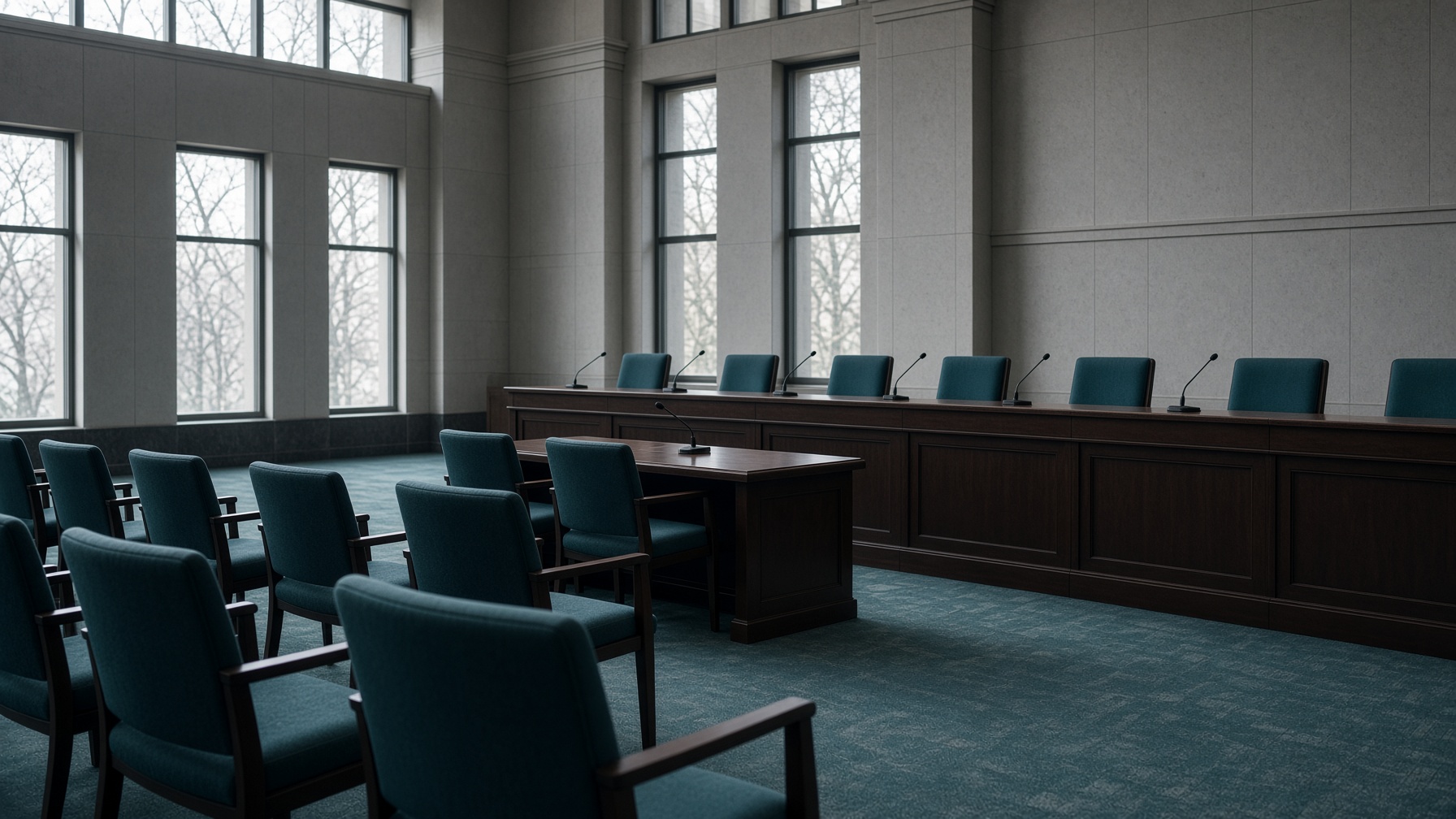 An empty hearing room with a long bench, microphones and rows of chairs.
