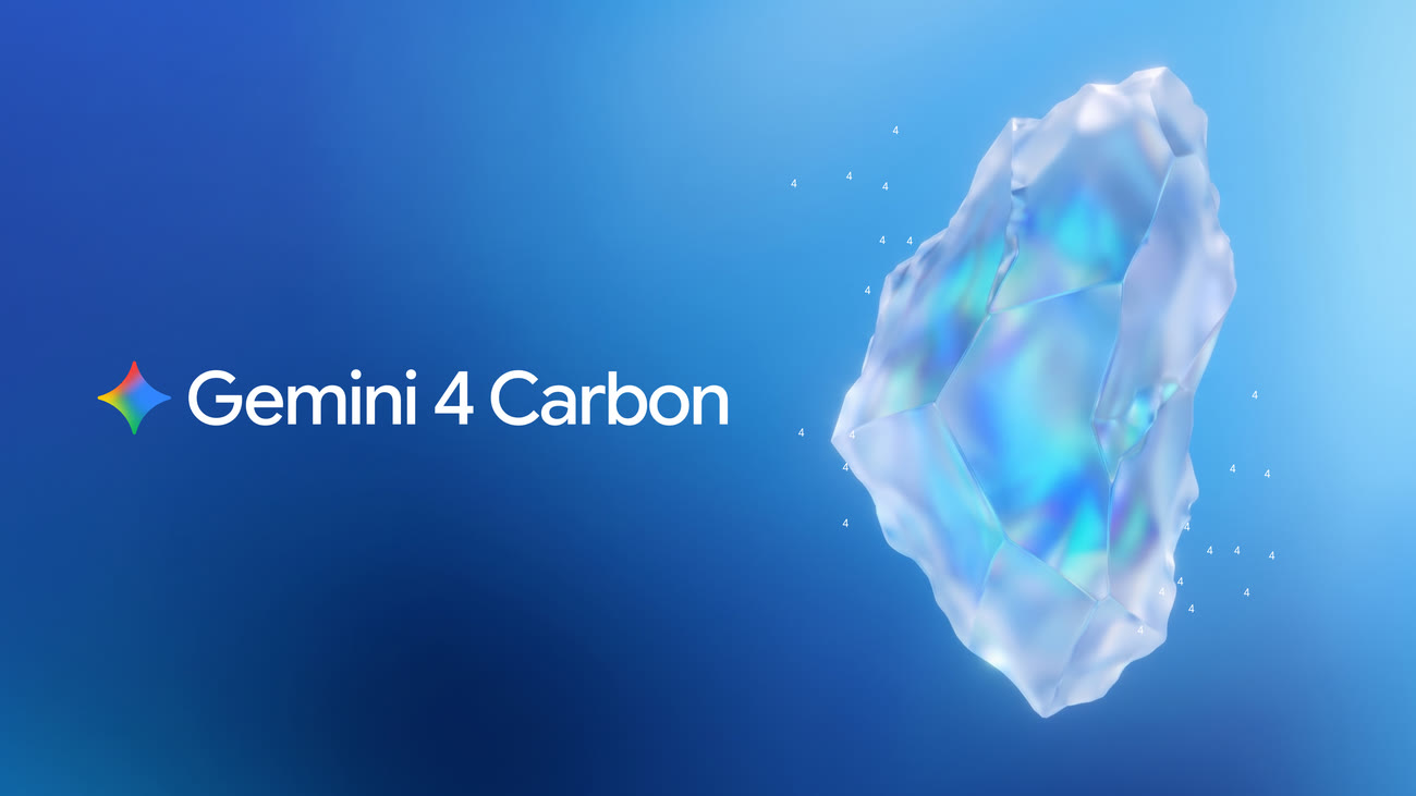 Google’s Gemini 4 Carbon graphic, a pale crystal on a blue field beside the model name.