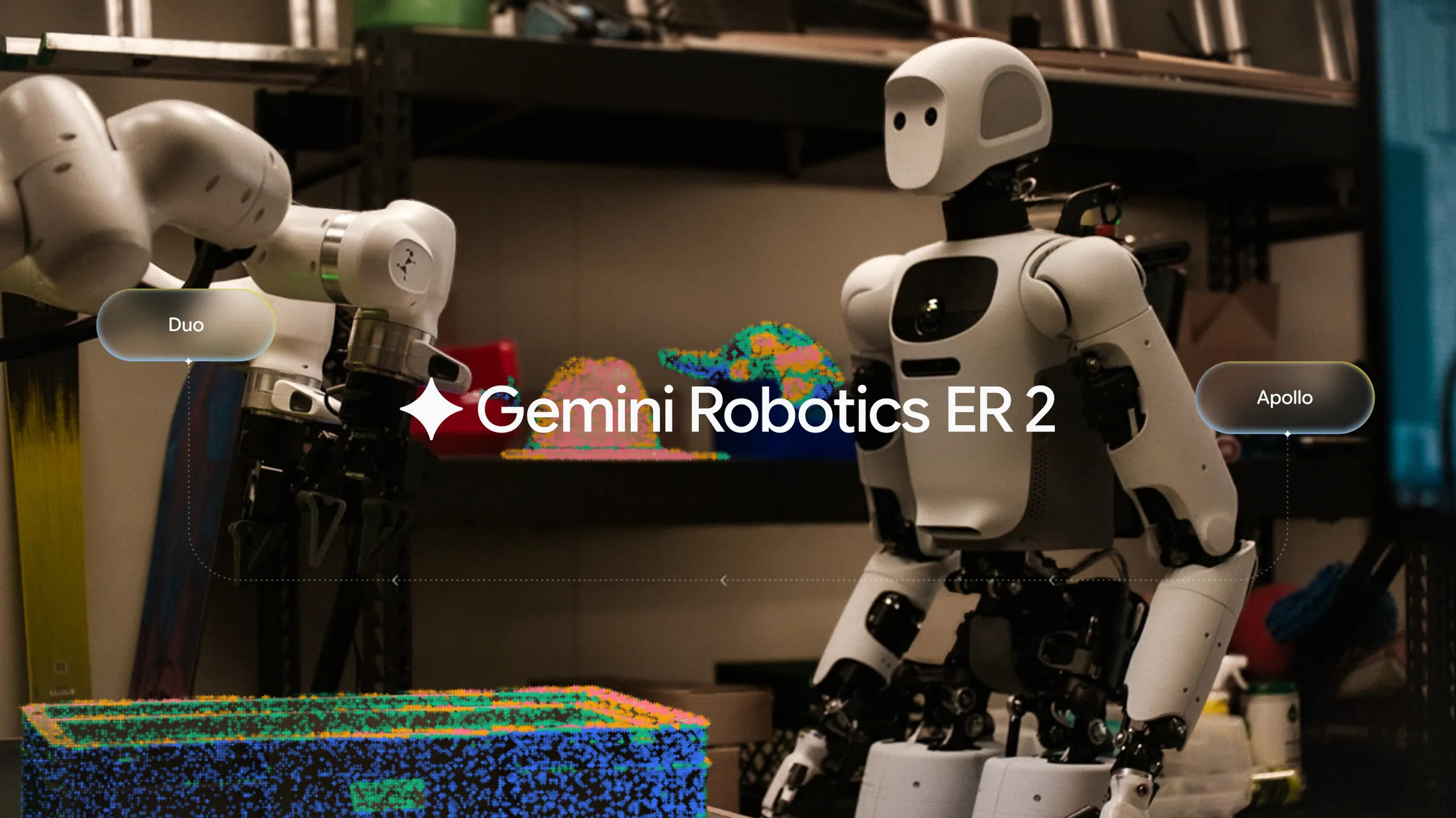Google’s cover image for Gemini Robotics ER 2, showing an arm labelled Duo and Apptronik’s Apollo.