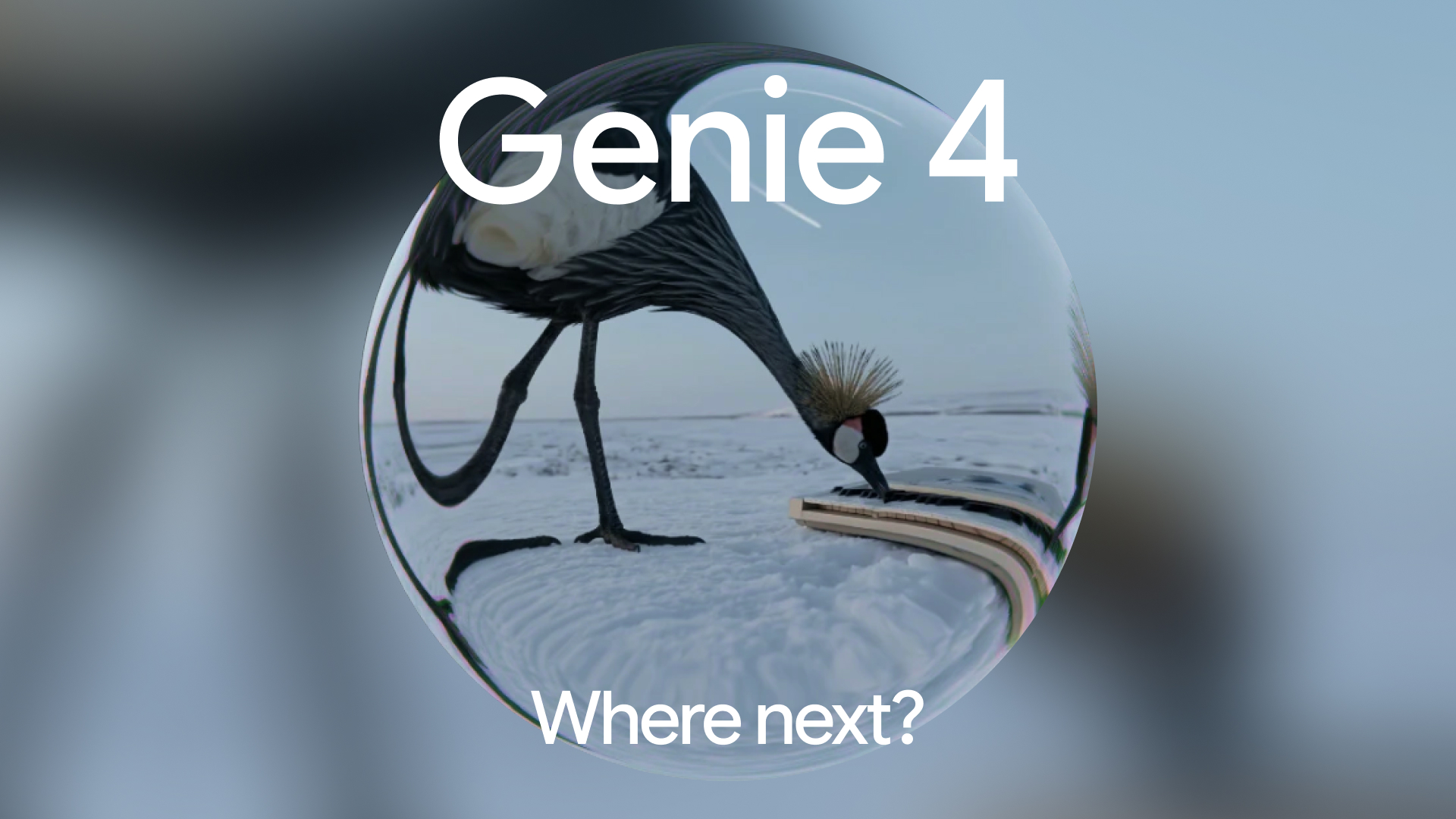DeepMind’s Genie 4 key art: a crowned crane in snow, seen through a circular lens.