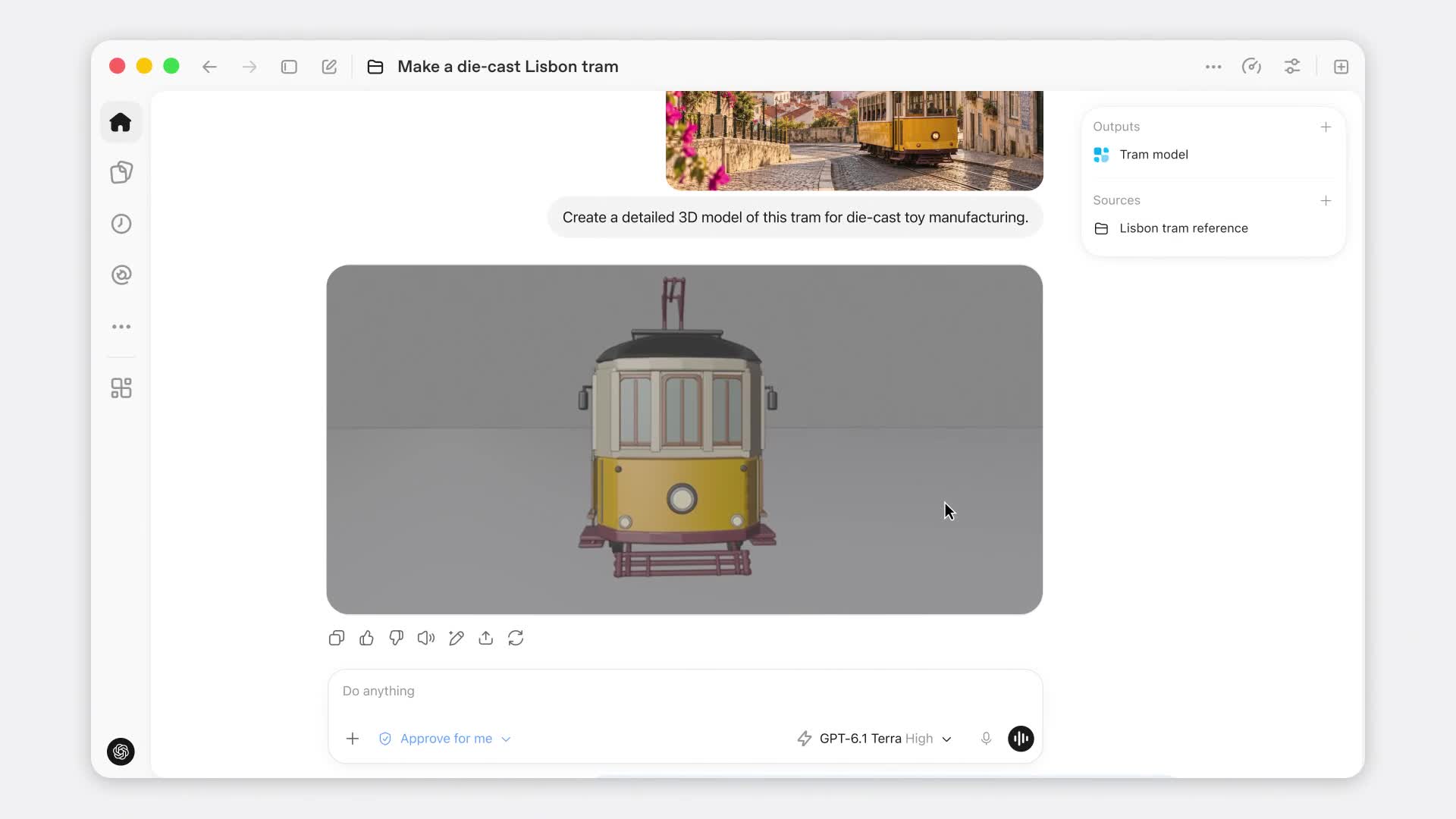 OpenAI’s screenshot of ChatGPT Work, with GPT-6.1 Terra selected, turning a photo of a Lisbon tram into a 3D model.
