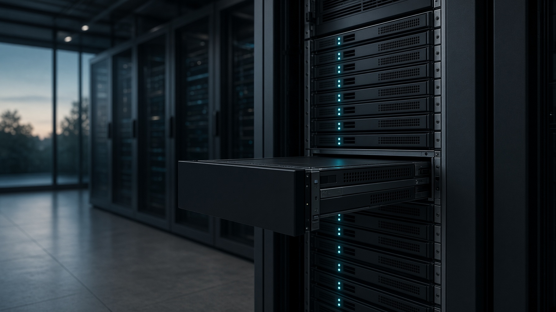 A server rack with one module pulled out and dark, while the other status lights stay on.