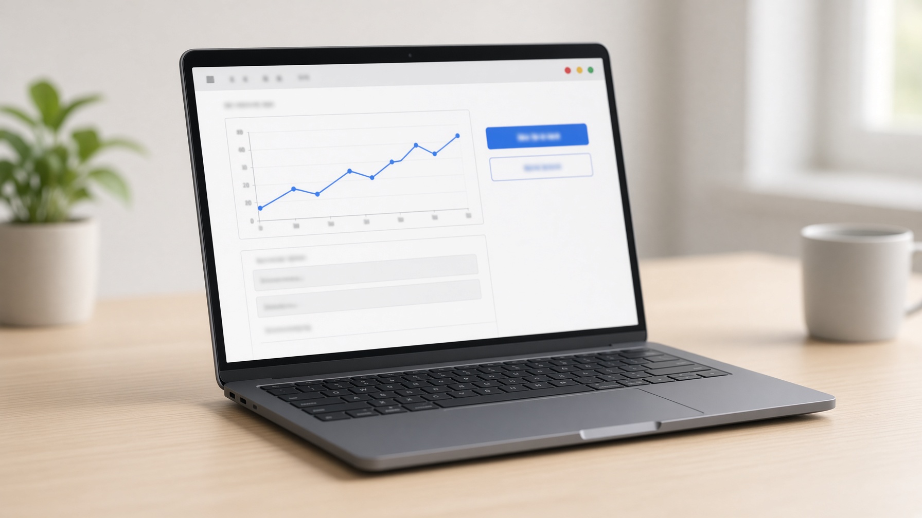 A laptop showing a software window with a chart, buttons, and a form.