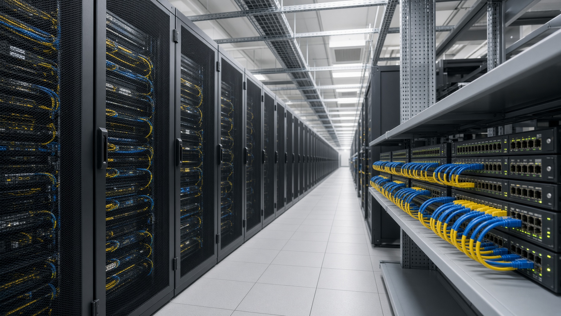 A data-hall aisle of server racks and network switches.