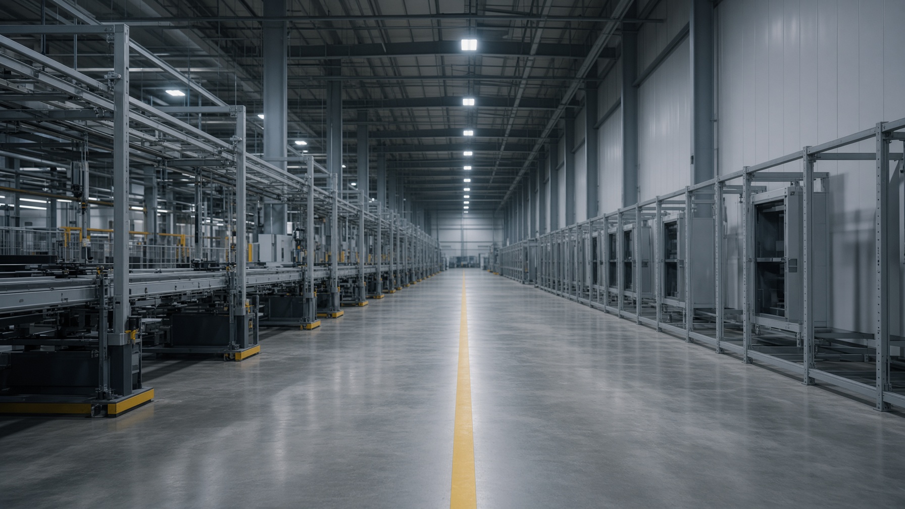 An empty factory aisle with a yellow line on the floor.