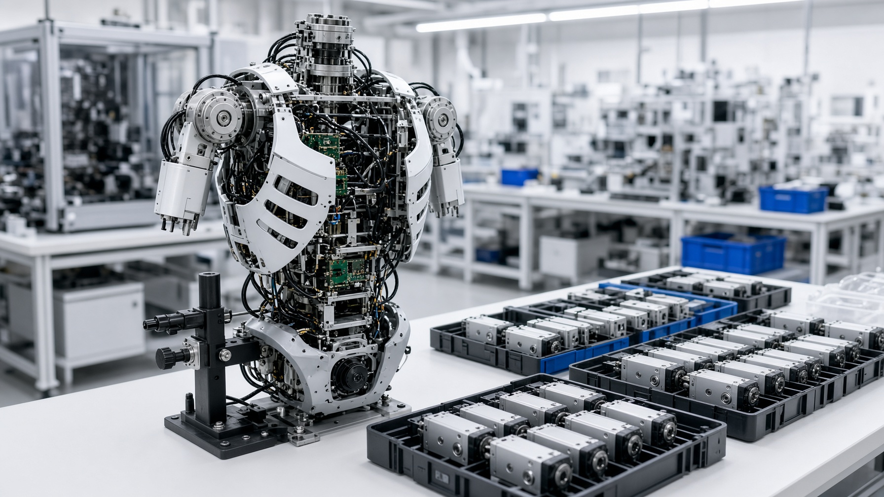 A partly assembled humanoid torso on a stand in a clean factory, with trays of actuators beside it.