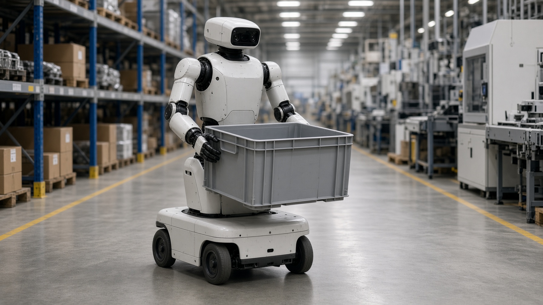 A wheeled robot moving a tote down a factory aisle.
