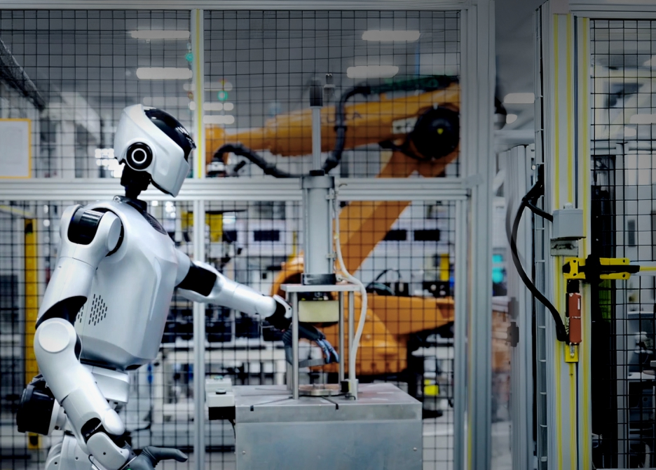 A silver Leju humanoid reaching toward a workstation inside a factory cage, with an industrial arm behind it.