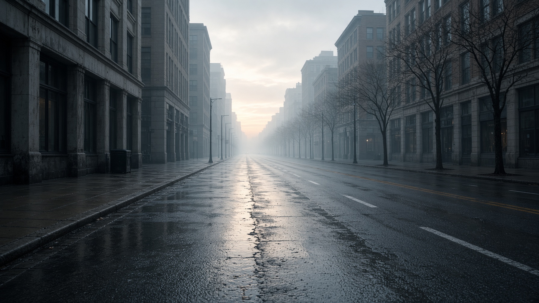 An empty wet city street at dawn, with no cars or people.