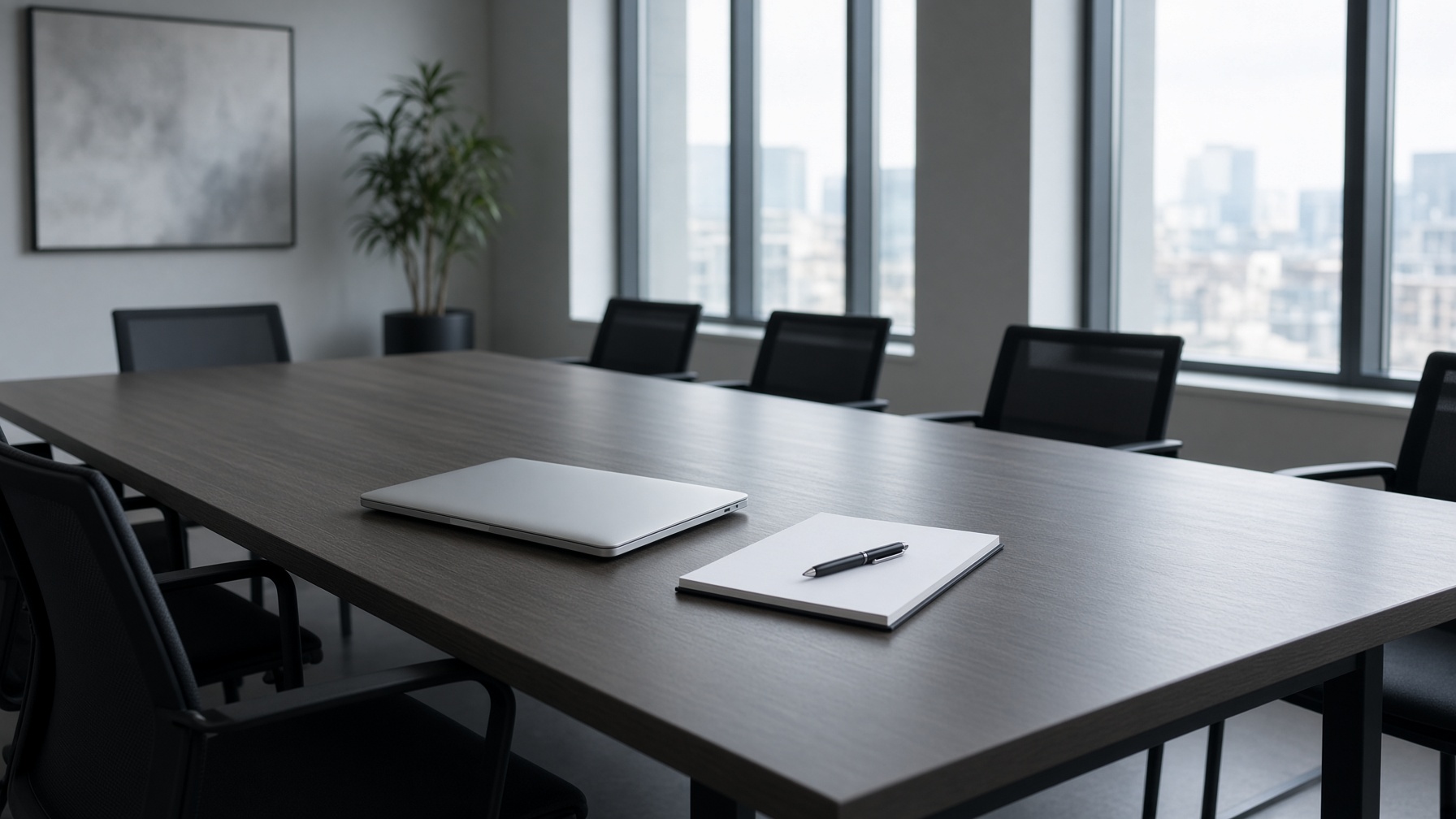 An empty conference room with a closed laptop and a blank notepad.