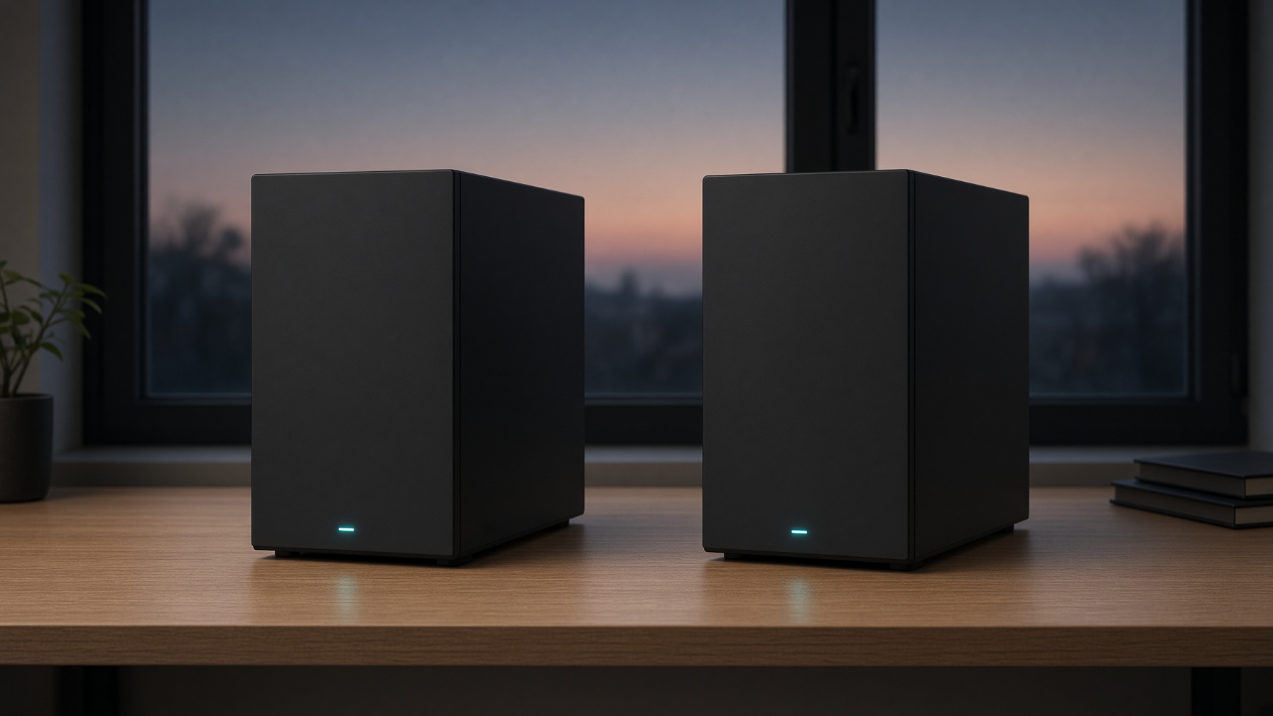 Two plain black desktop computers on a wooden desk at dusk.