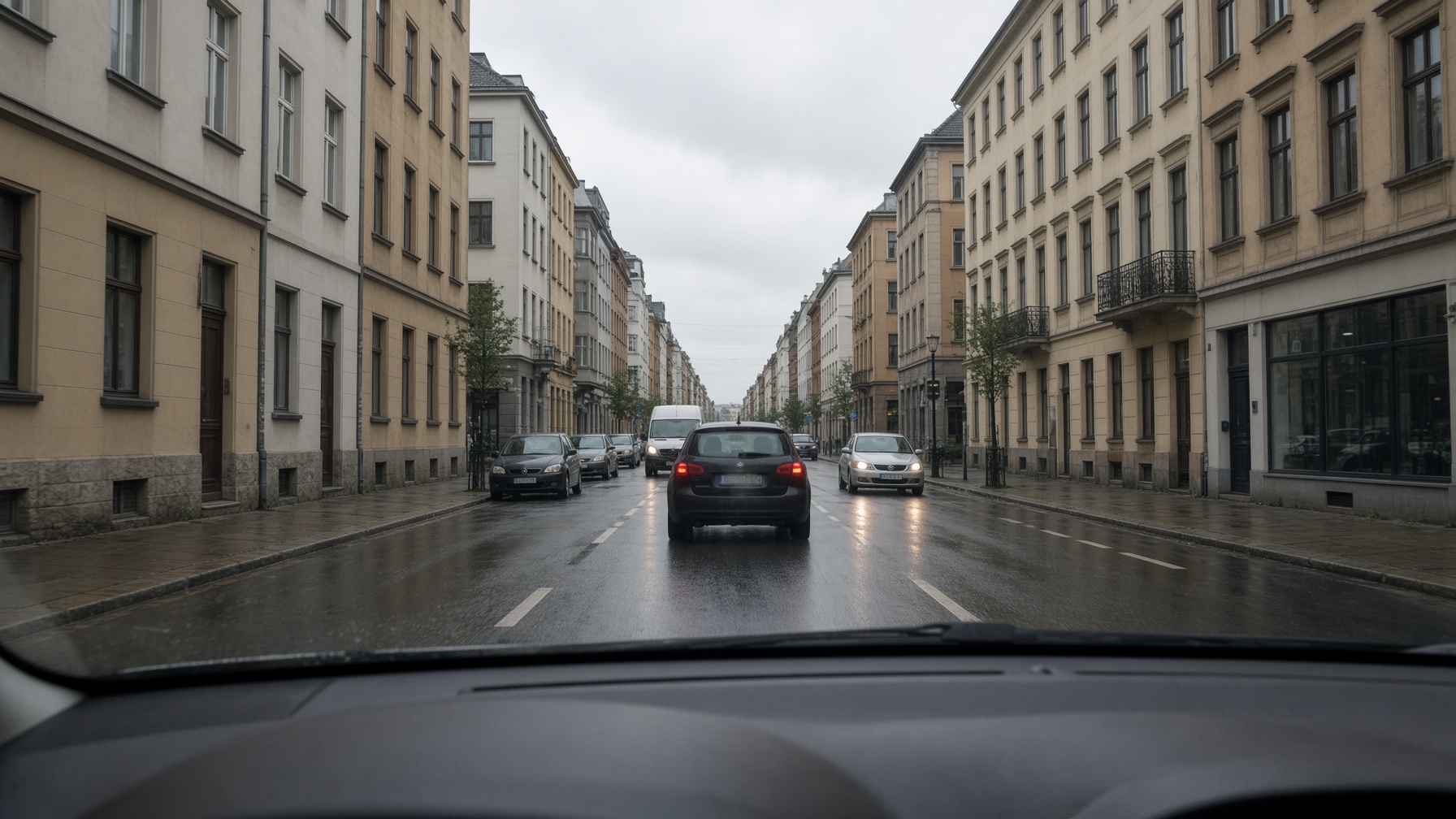 A view through a car windscreen down a wet city street.