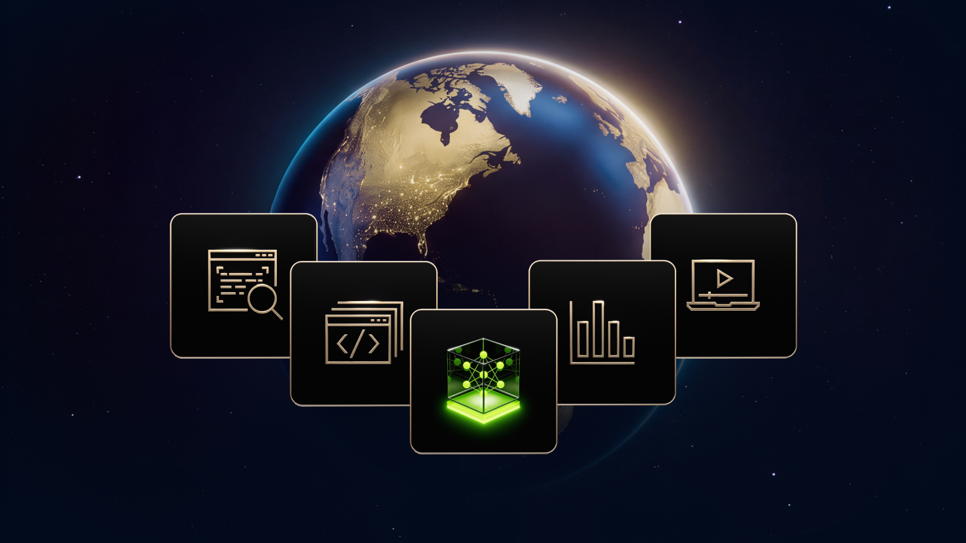 NVIDIA’s announcement graphic of a globe behind black tiles marked with document, code and chart icons.