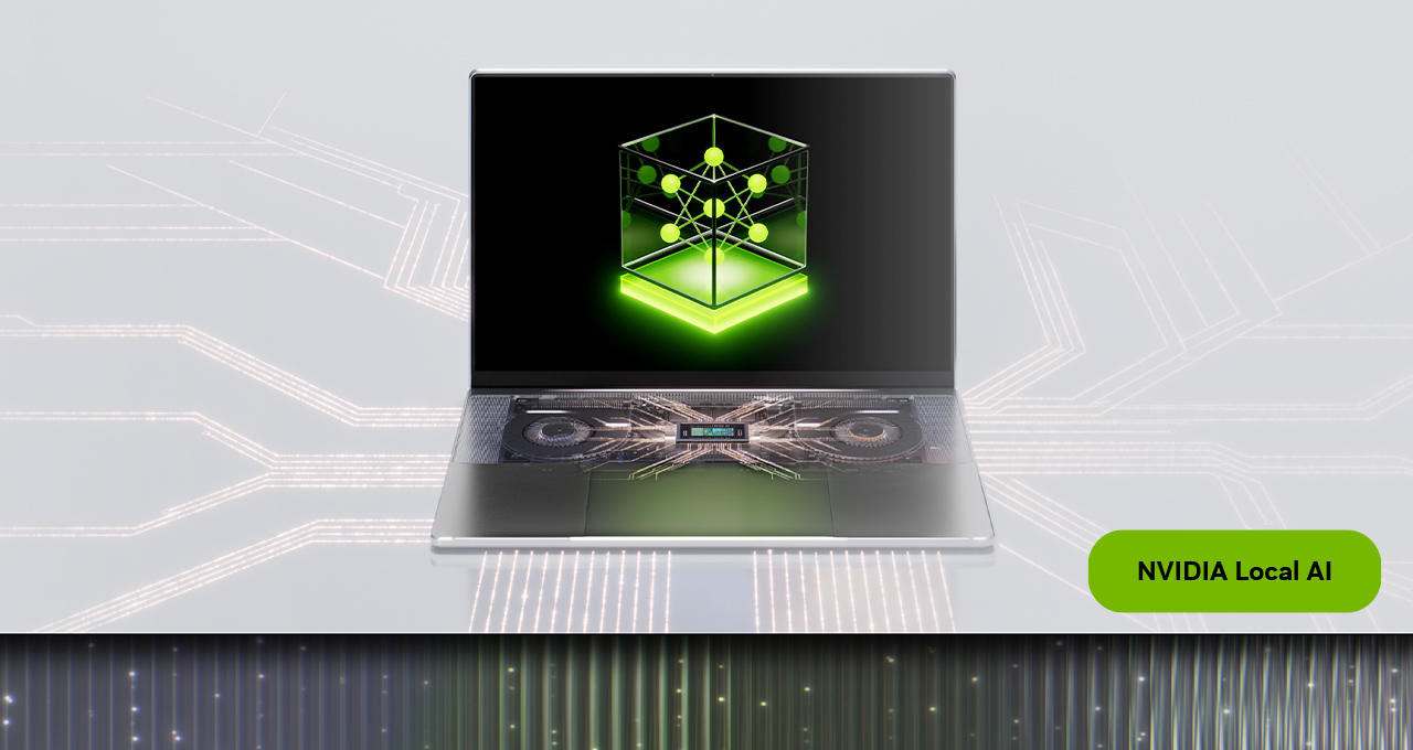 Nvidia’s graphic of a laptop showing a green network cube, from the post that introduced Nemotron 3.5 Transcribe.