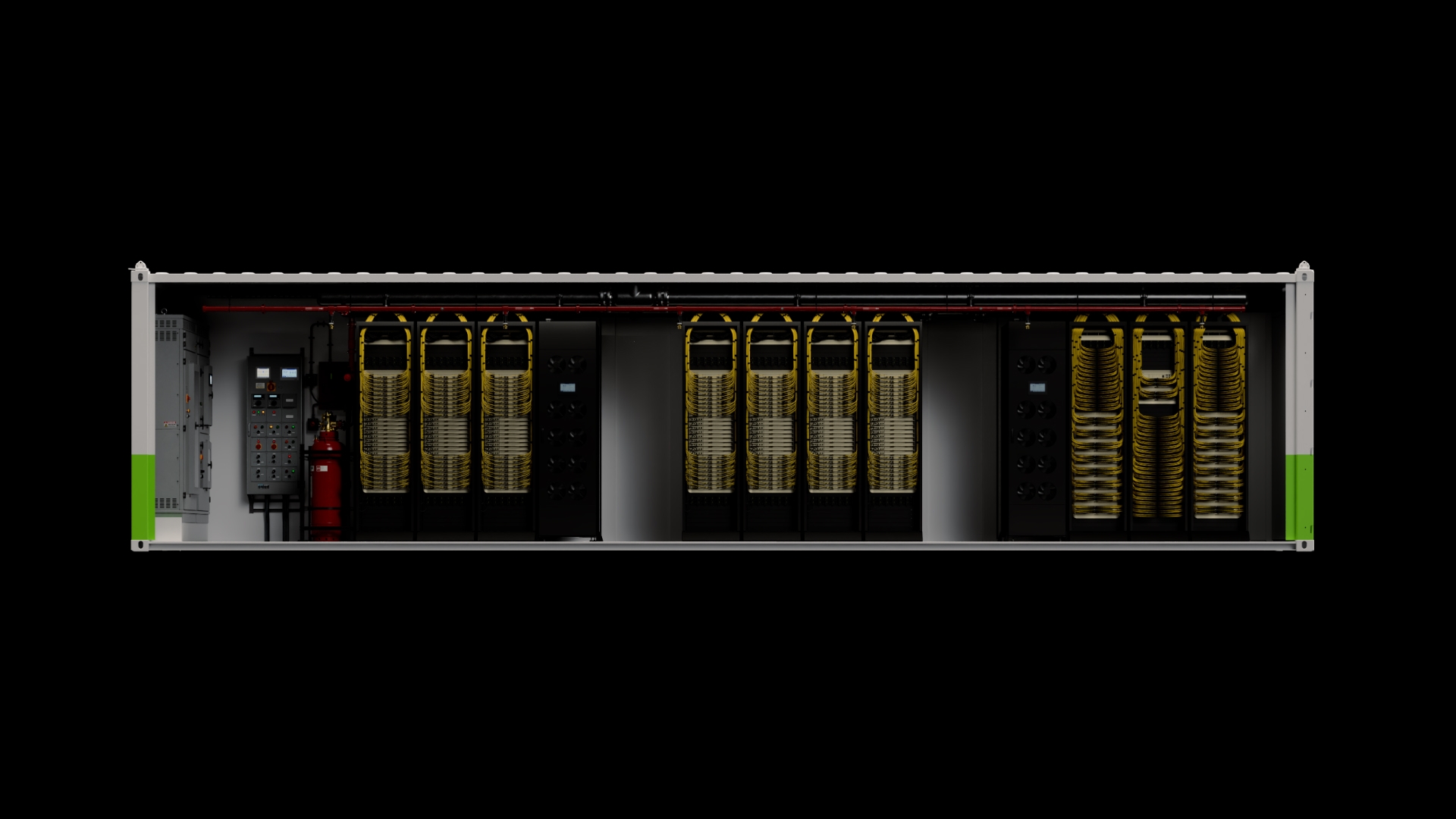 A cutaway render of a shipping container packed with racks, cabling and a cooling plant.