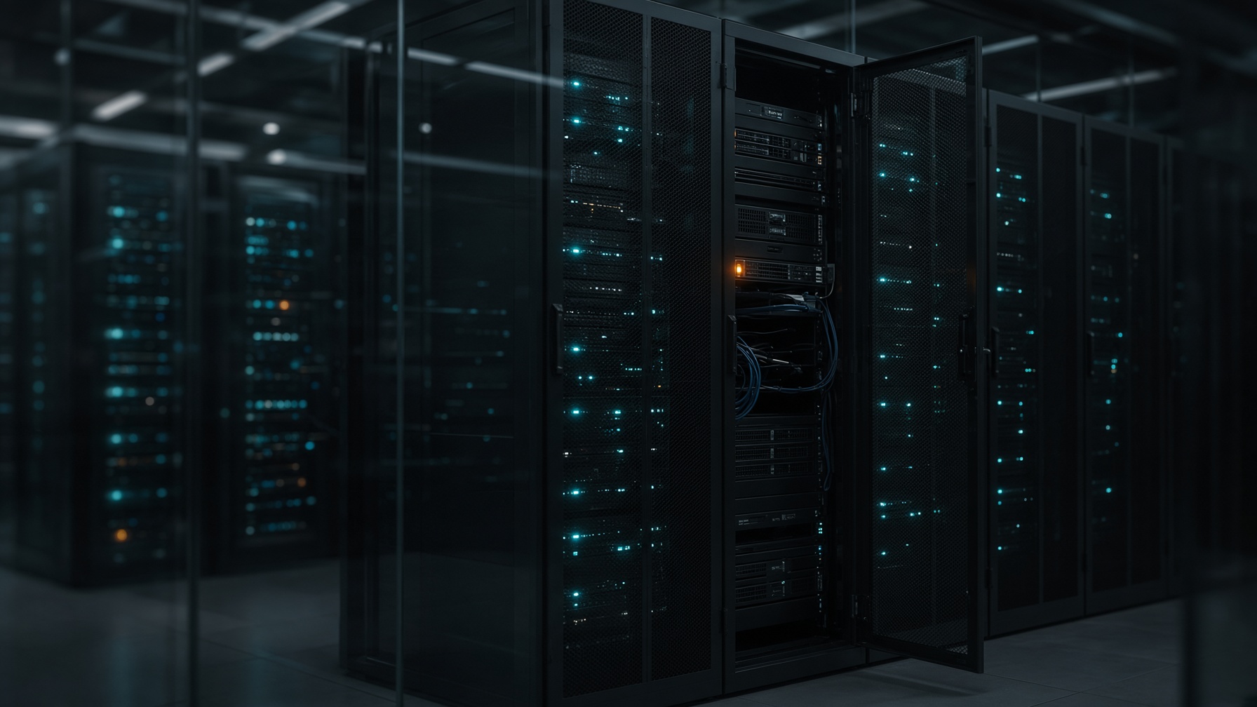 A server room seen through glass, with one rack door ajar.