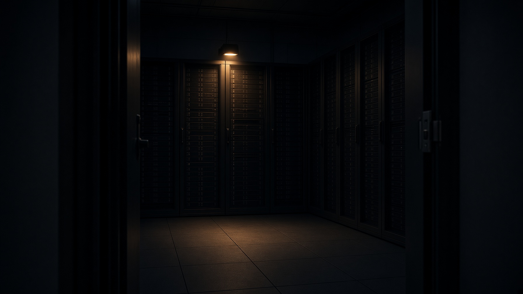 A dark server room seen through a doorway, with one light over the racks.