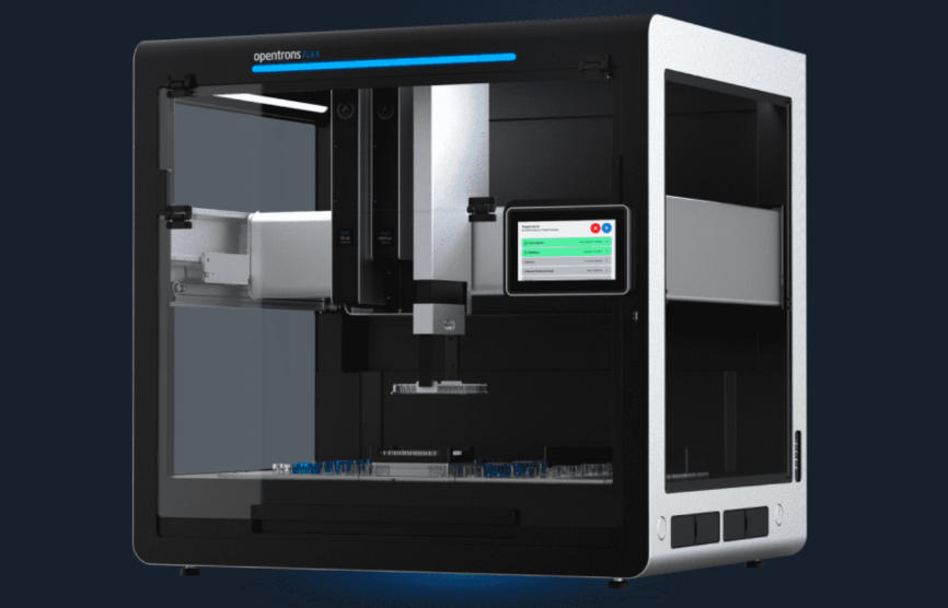 A product render of the Opentrons Flex, a benchtop laboratory robot in a clear enclosure.