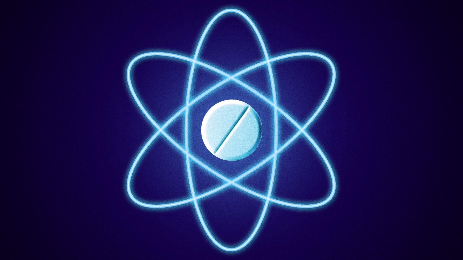 A pale pill at the centre of a glowing atom, on a dark blue field.