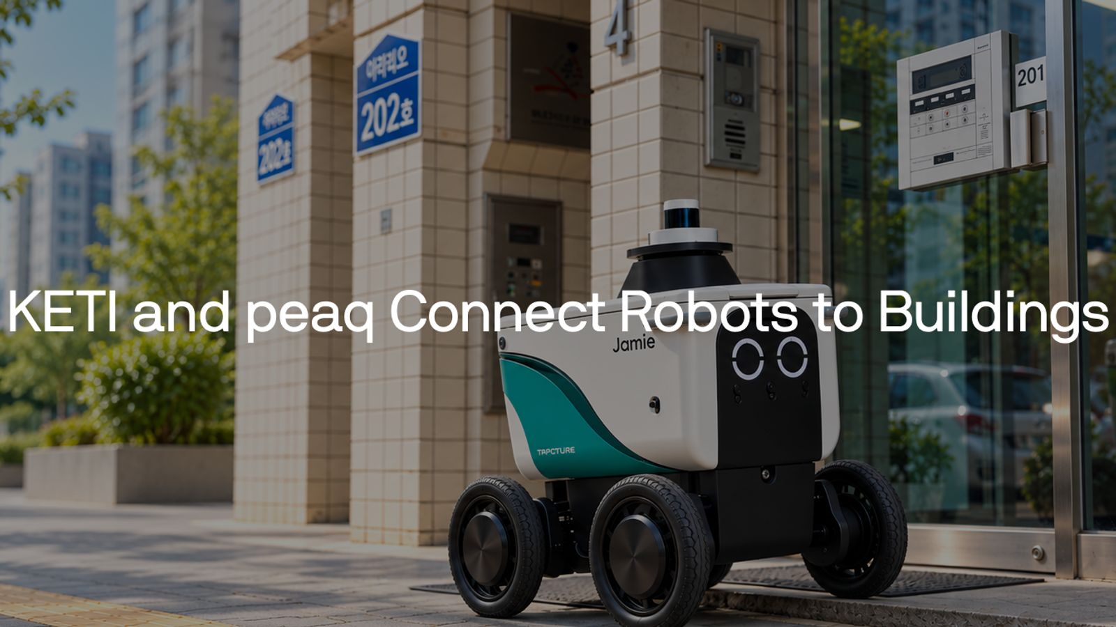 peaq graphic of a small wheeled delivery robot outside a building entrance.
