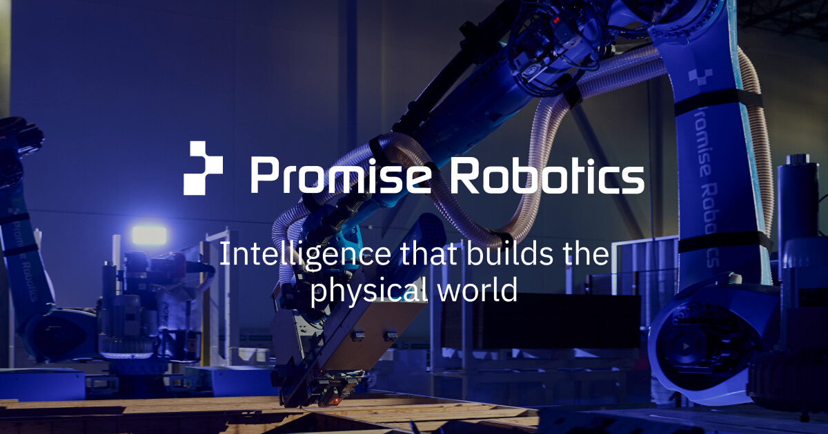 Industrial robot arms over a timber frame in a Promise Robotics factory image.