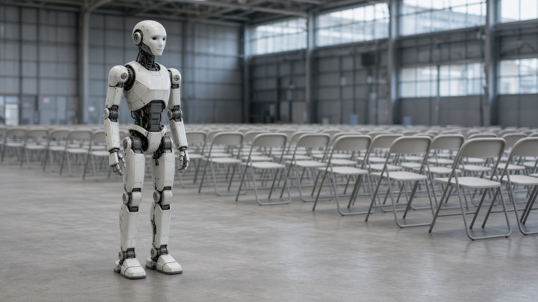 A small humanoid robot standing in an empty hall with folding chairs.
