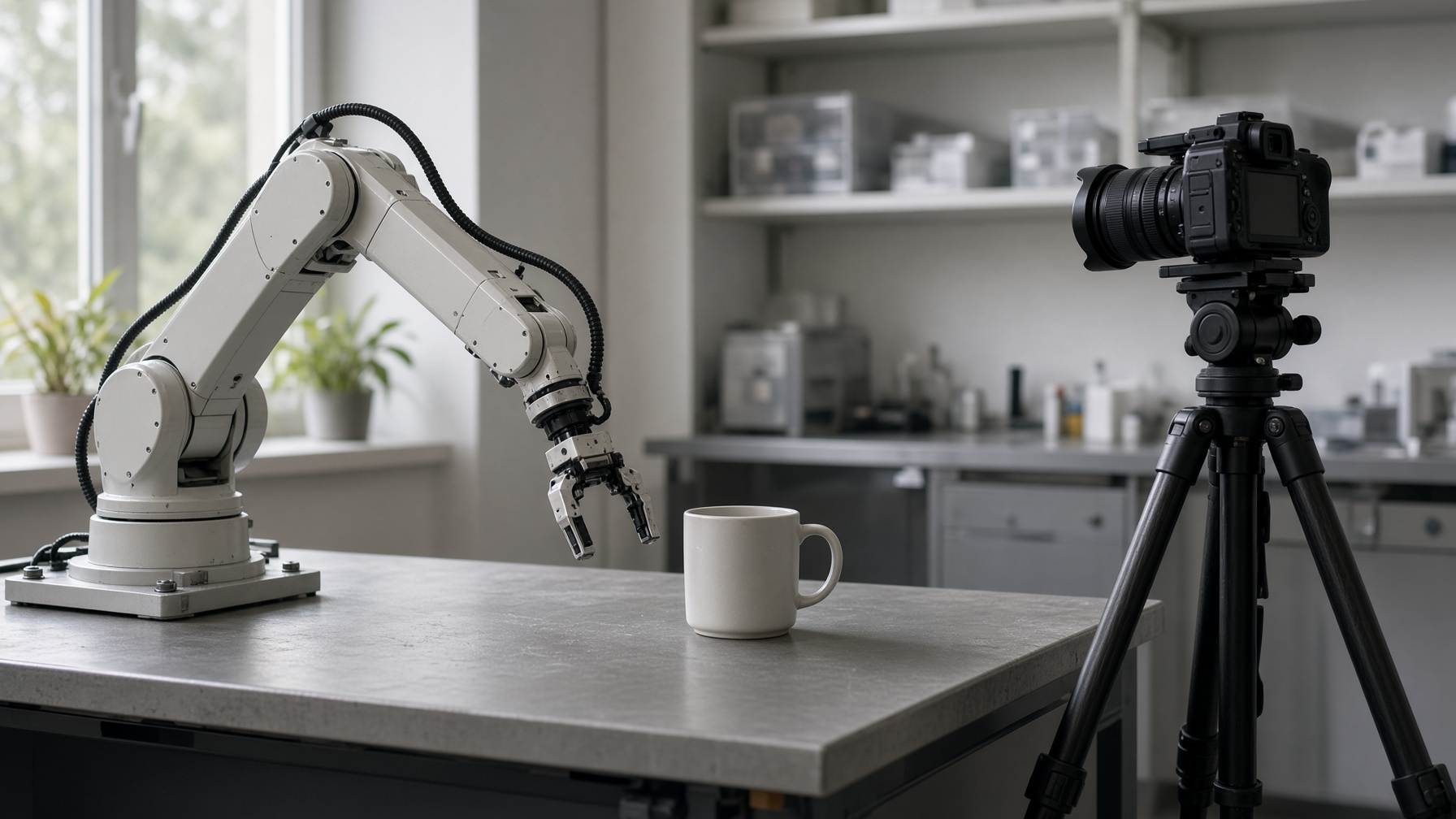 A robot arm on a lab bench reaching toward a mug, with a camera watching.
