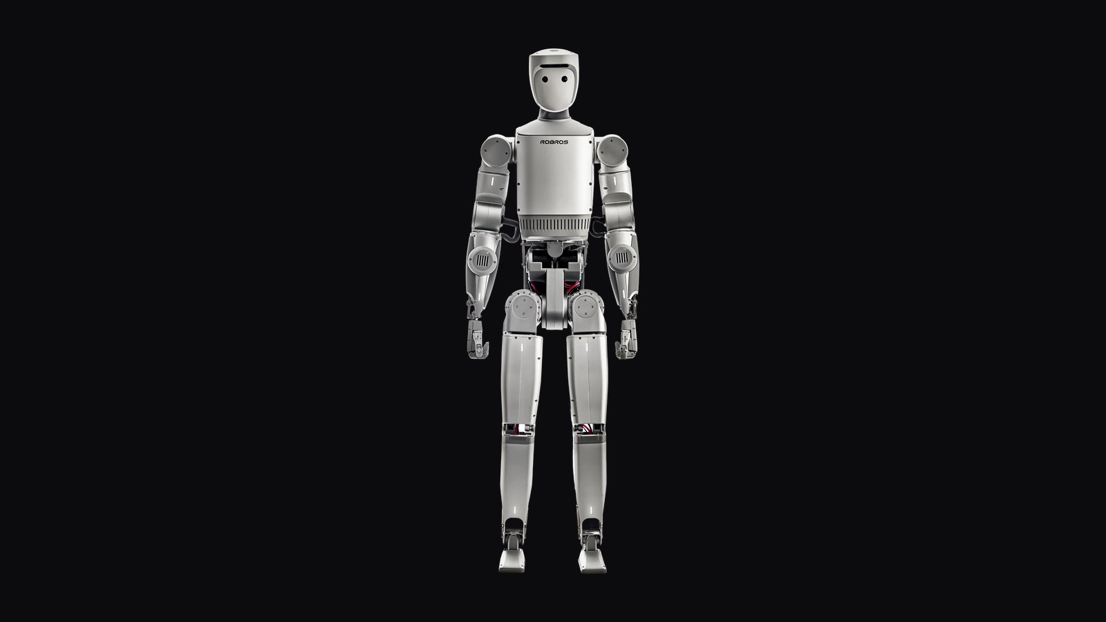 A silver Robros humanoid standing against a black background, with the company name on the chest.