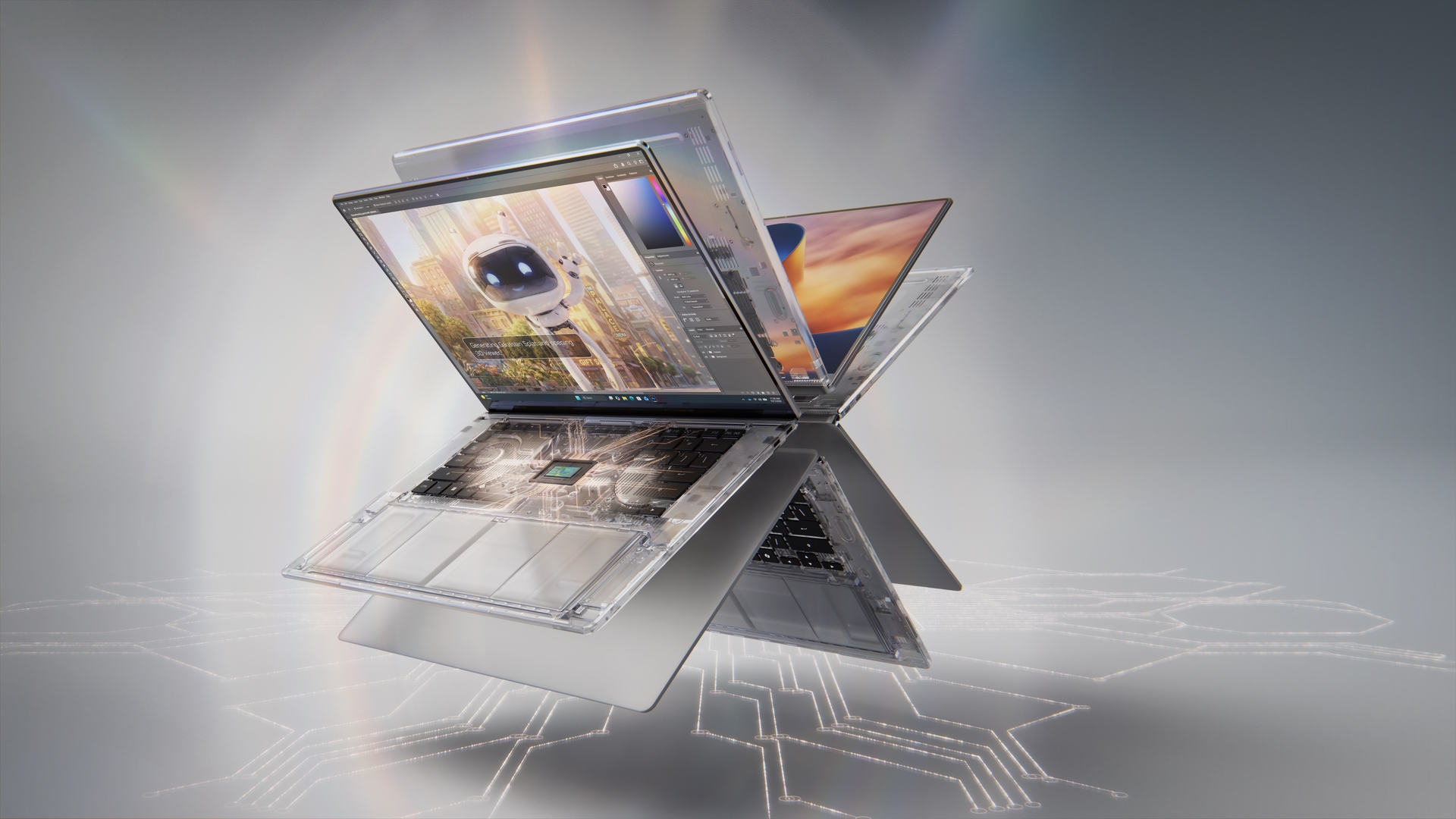 NVIDIA’s render of several slim laptops, one opened to show a chip, floating above a pale background.