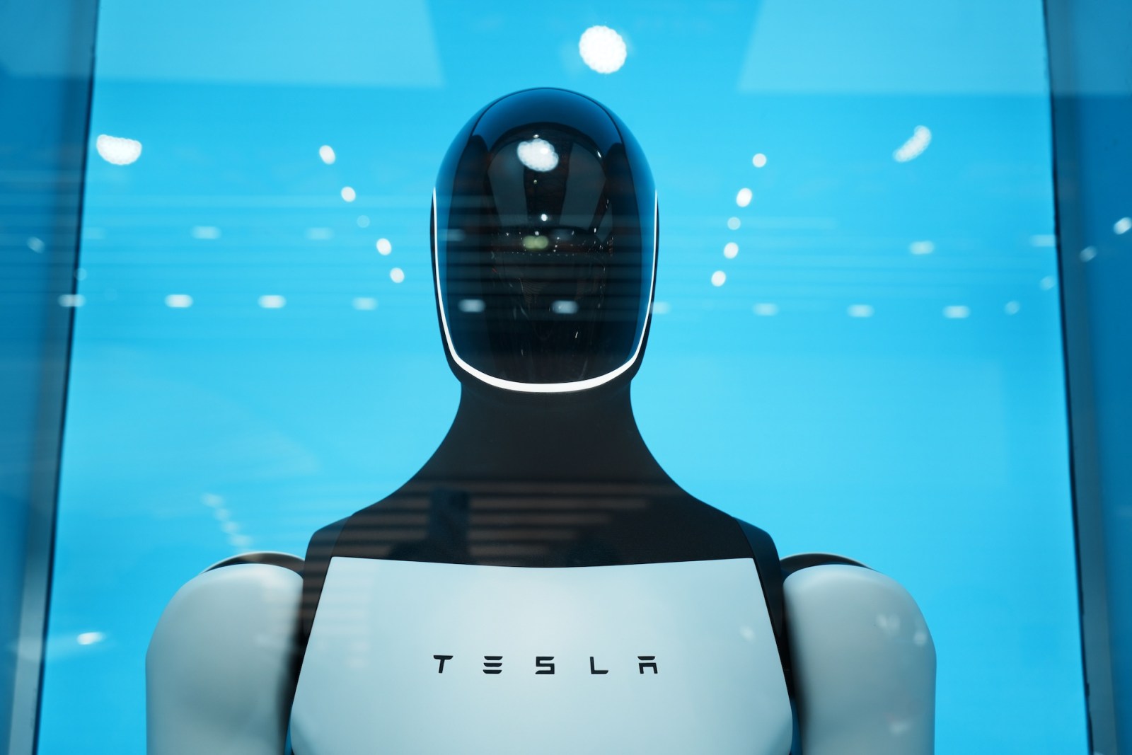 An Optimus robot seen from behind, with Tesla across the upper back, standing in front of blue glass.