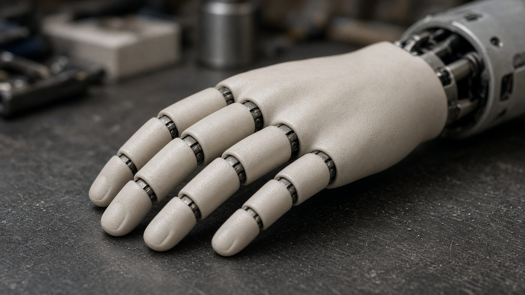 A robot hand with a soft covering over the fingers and palm.