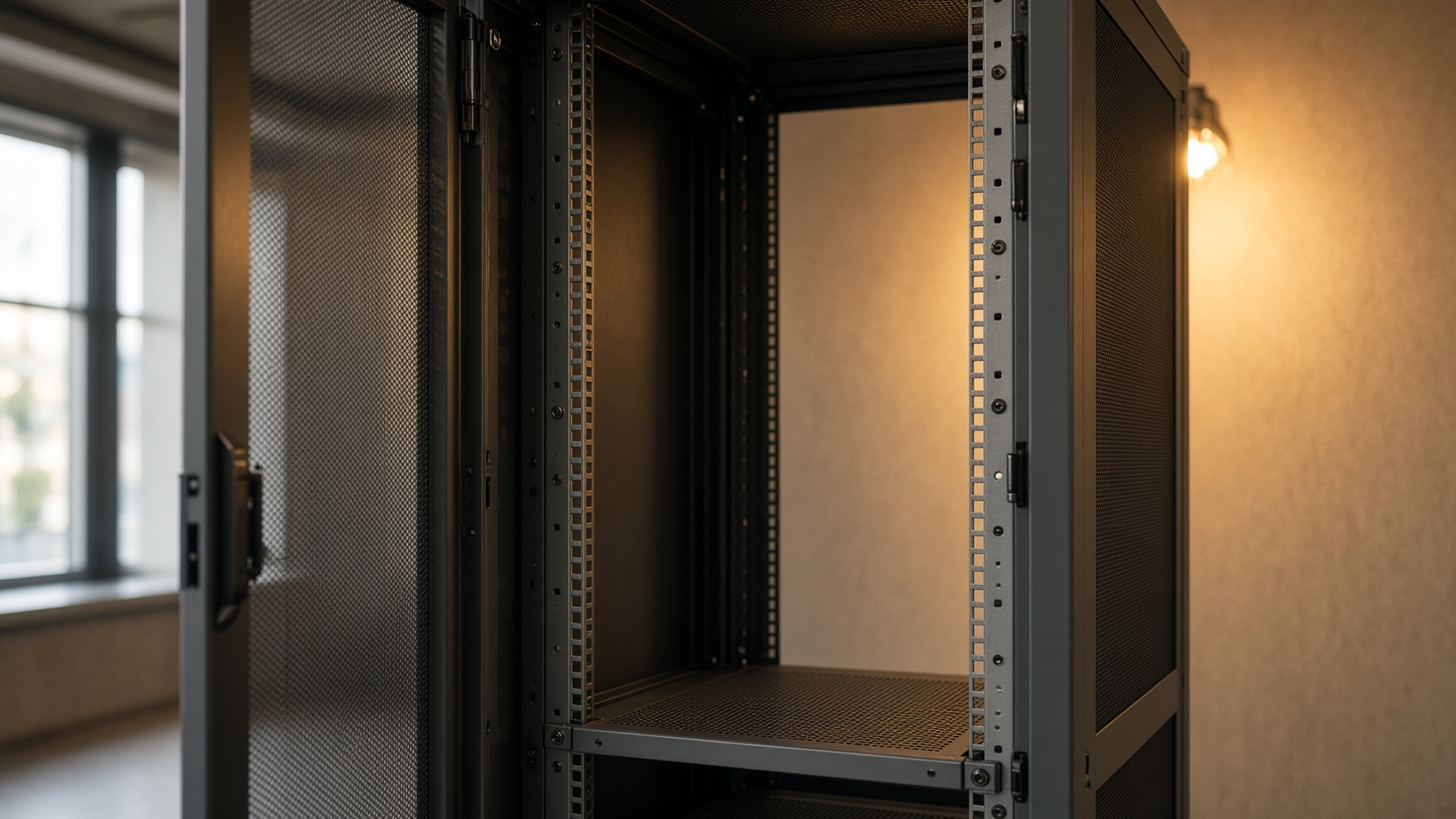 An open, empty server rack in warm light.