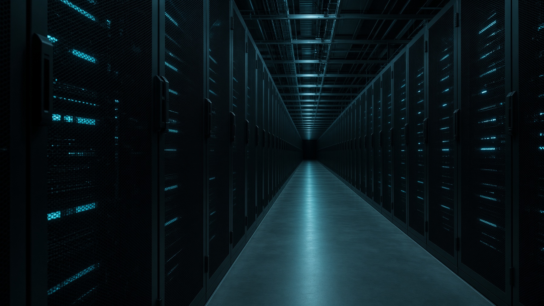 A long aisle of dark server cabinets lit in teal.