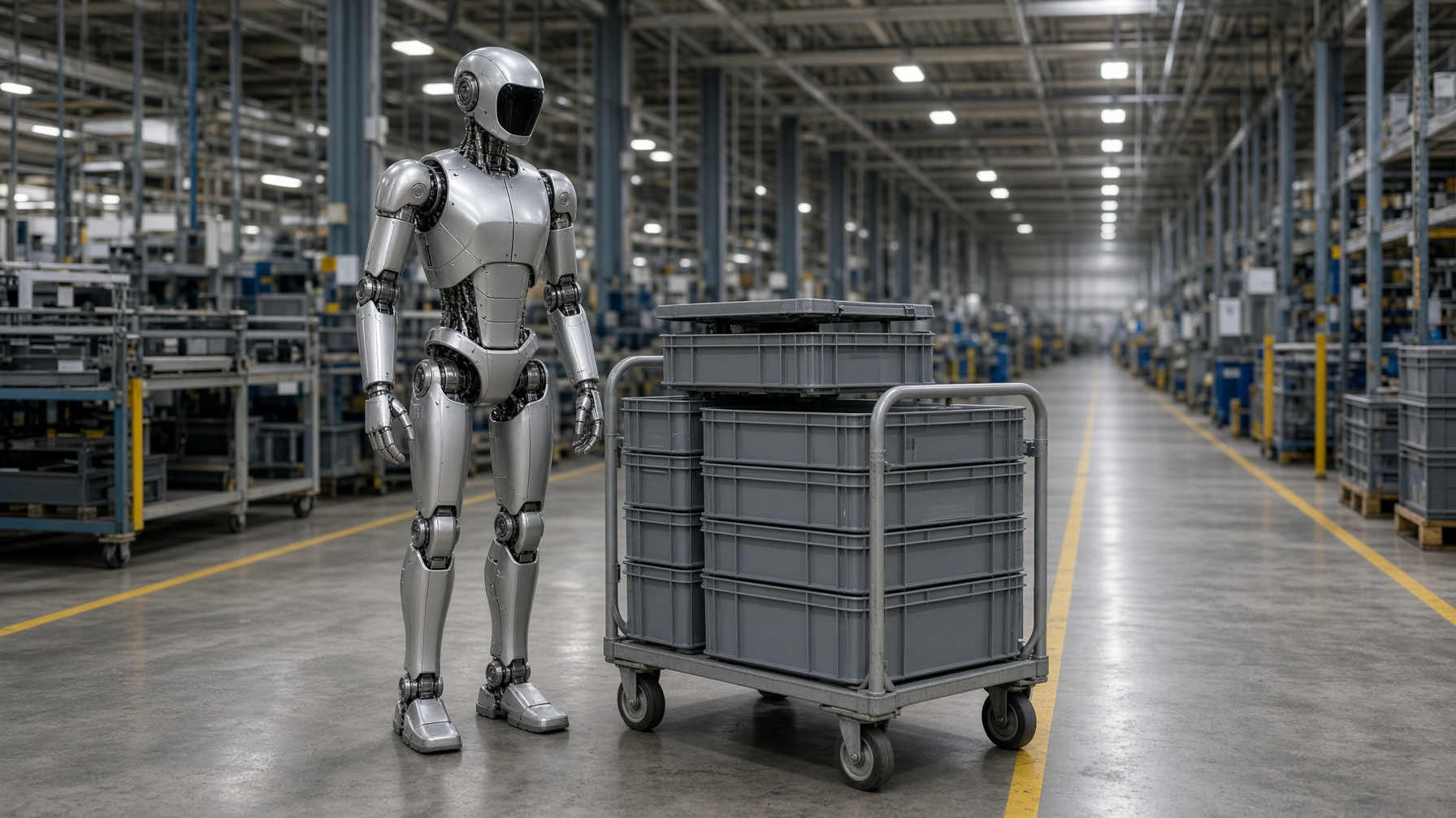 A humanoid robot standing beside parts bins in a car factory aisle.