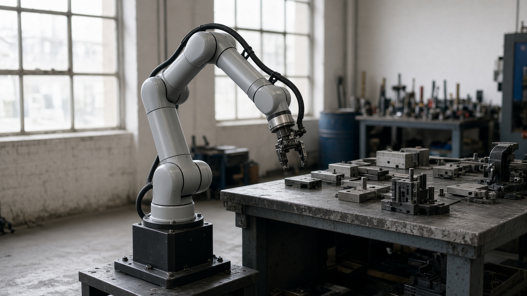 A small industrial robot arm beside a workbench in a bright workshop.